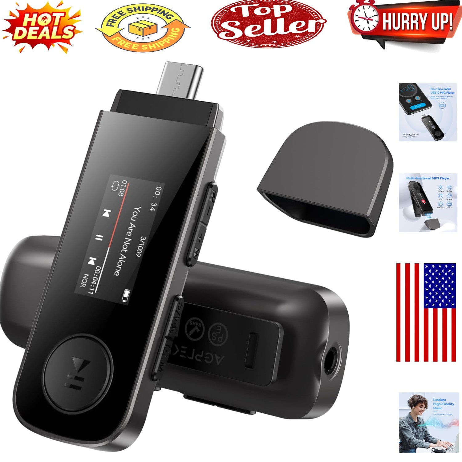 UltiSound 64GB Bluetooth MP3 Player with FM Radio, Clip & Type-C/USB Connecti...