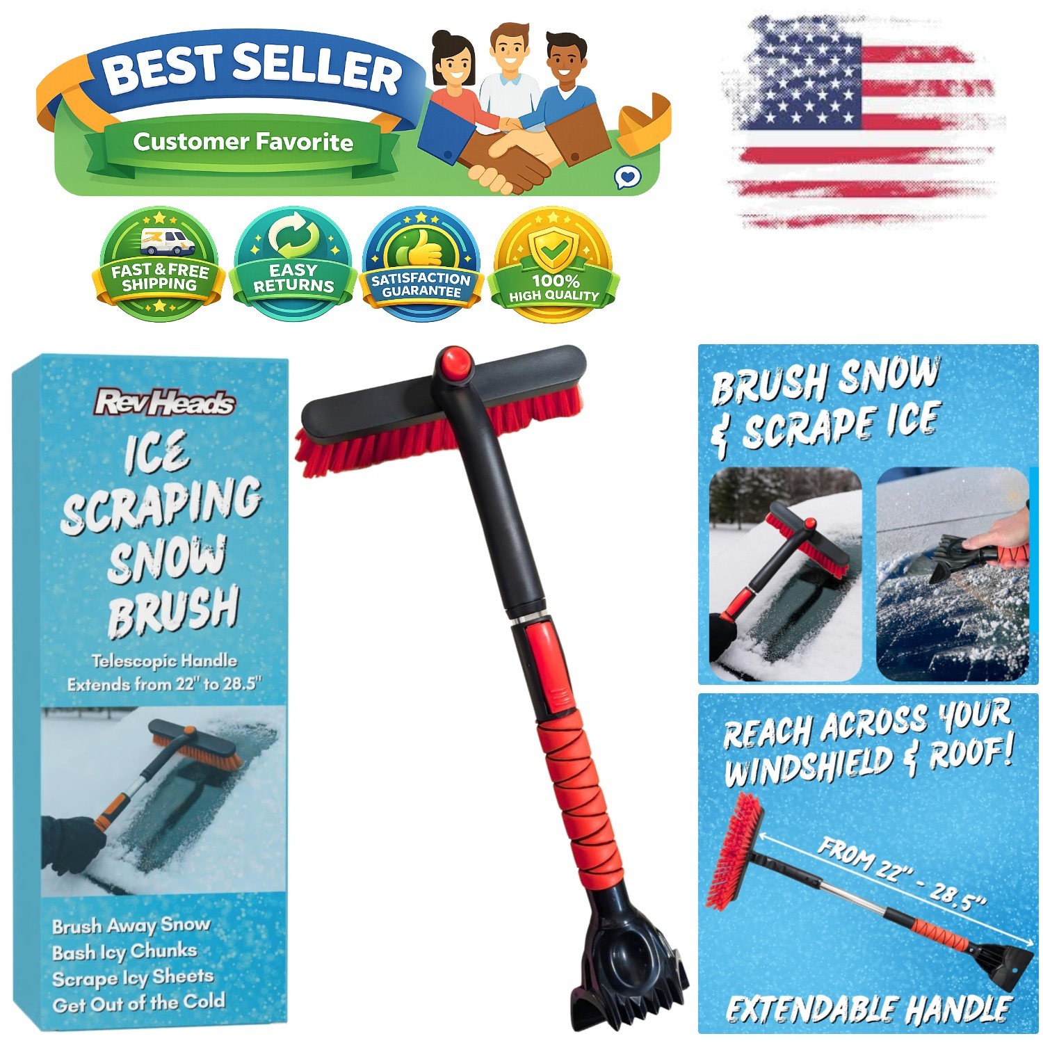 Heavy-Duty Ice Scraper with Snow Brush - Compact & Extended  Design