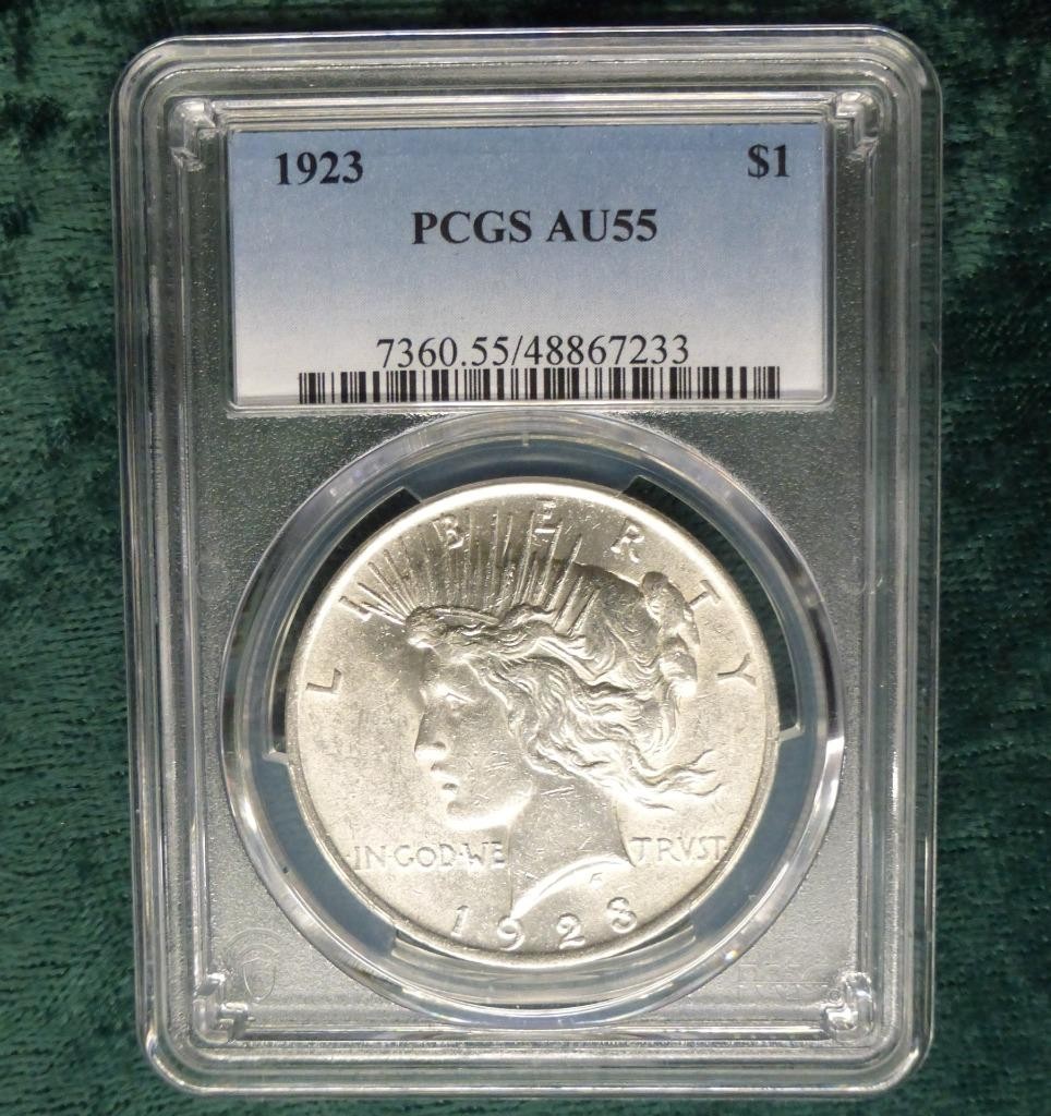 1923 PCGS AU 55 Peace Silver Dollar, United States of America Silver $1 Coin