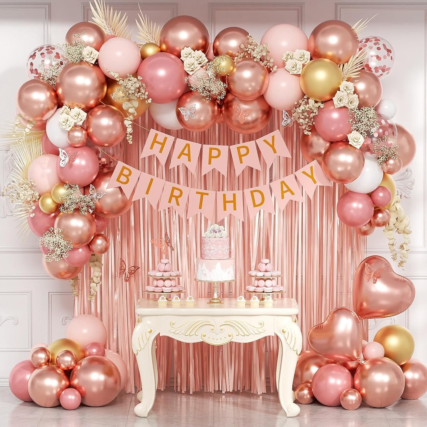 Decoracion Globos Cortina Rose Gold y Doradas De Cumpleaños Fiestas Para Mujer