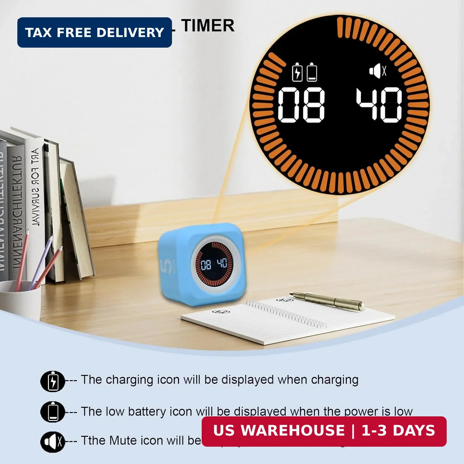 Rotating Cube Visual Pomodoro Timer 5, 25, 10 50 Minutes Preset + Custom Countdo