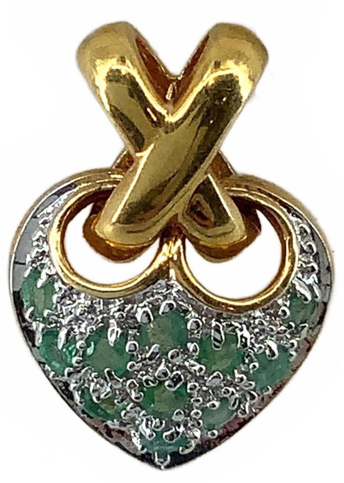 Vintage Gold Tone Green Glass Heart Pendant Two Tone X Bail Small Romantic Gift