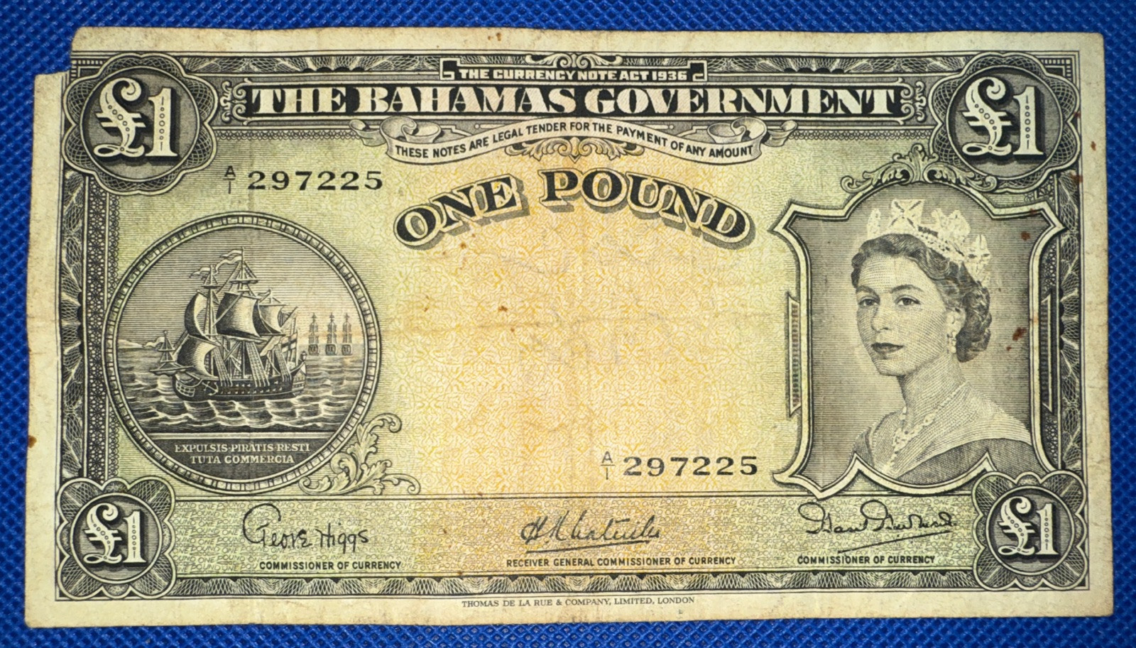 The Bahamas Government 1953 One Pound Queen Elizabeth Bank Note
