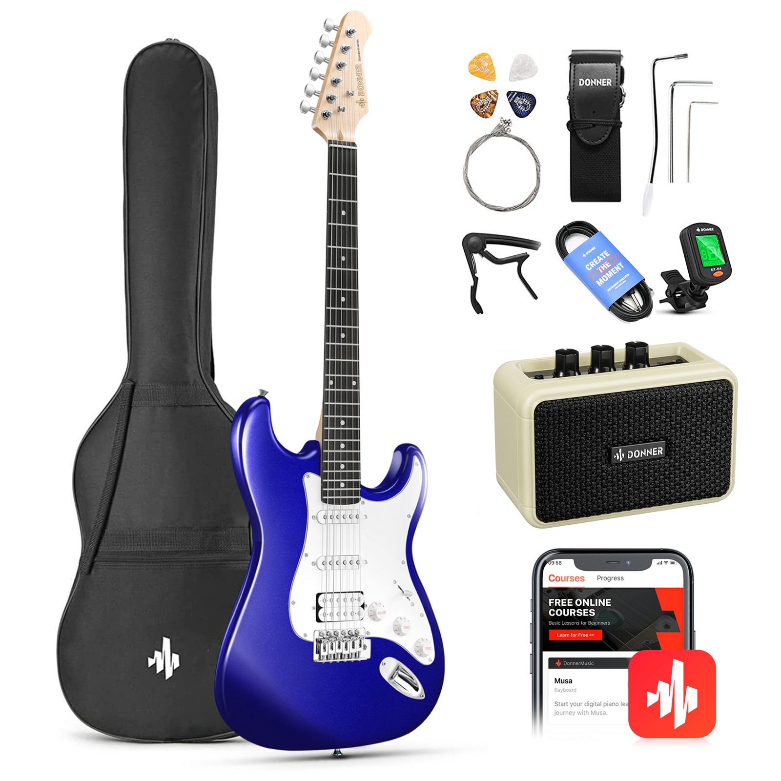 Donner DST-100 Electric Guitar Kit - 39-Inch HSS Beginner Guitar Pack Blue