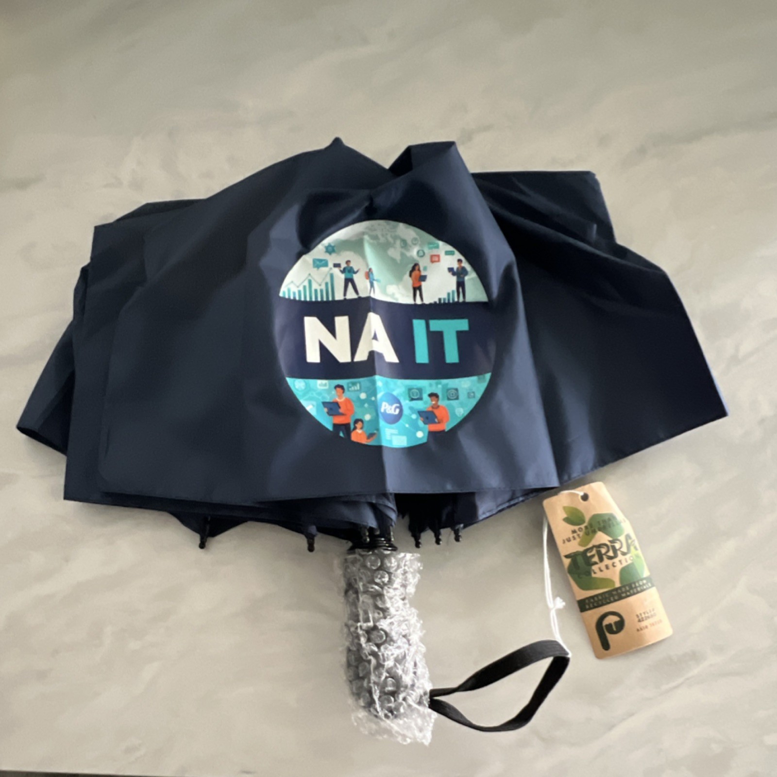 P&G Navy Blue Compact Folding Umbrella with Logo Pattern