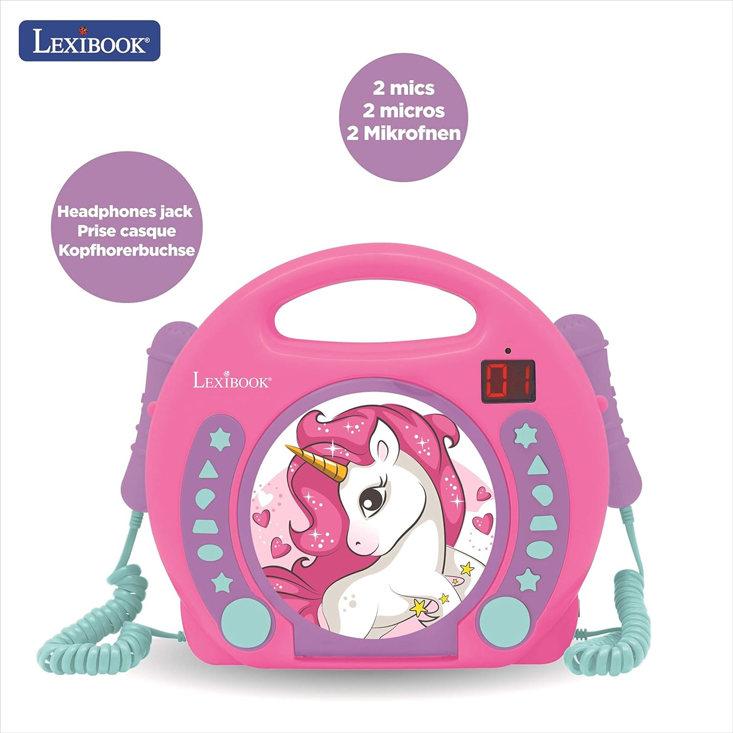 Unicorn - CD Player with Mics, Programming Function, Headphones Jack, for Kids,