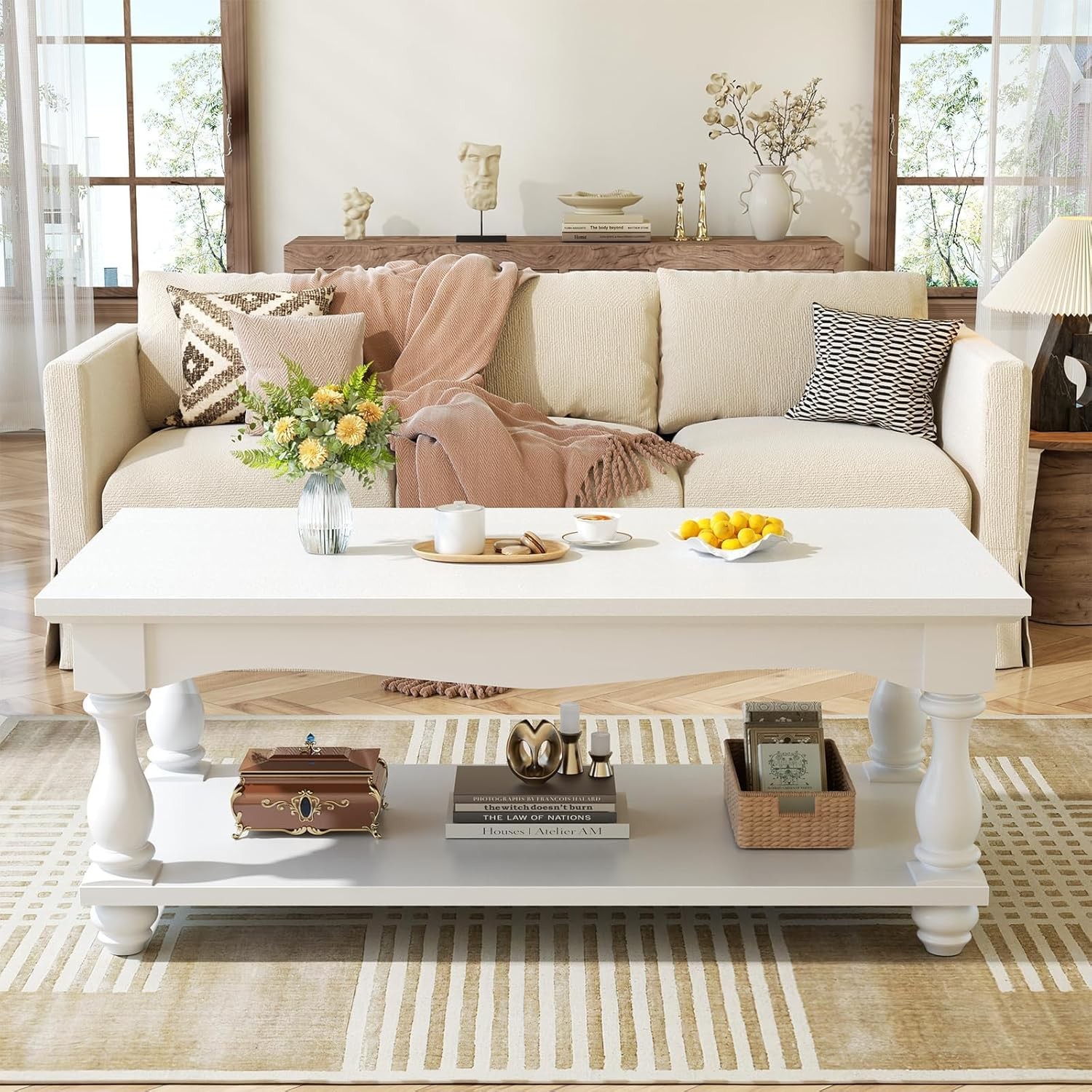 Farmhouse Coffee Table with Storage, 47 inch White Coffee Table with Solid Wood