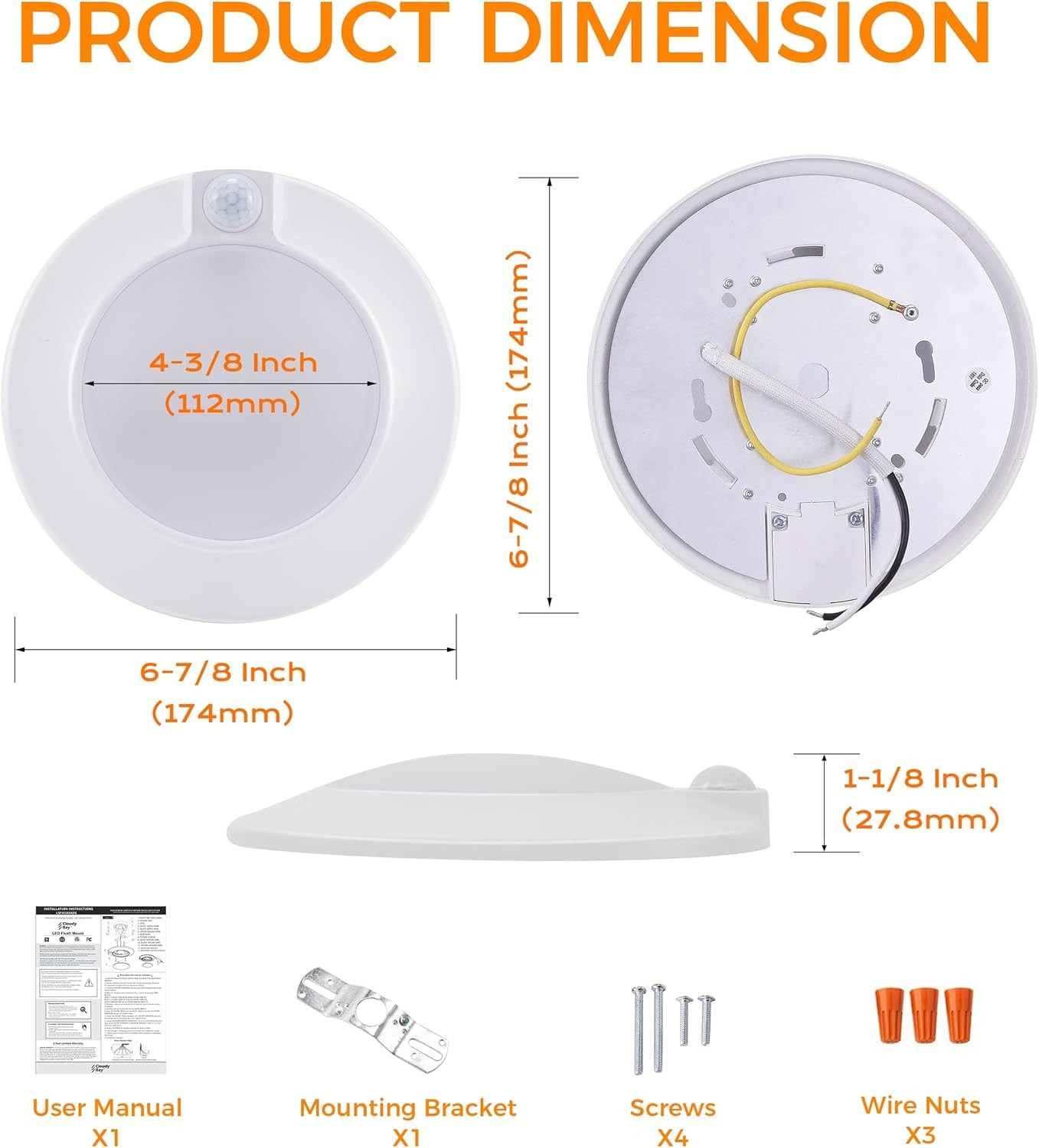 CLOUDY BAY Motion Sensor Ceiling Light 6.5" LED 10W 5000K White