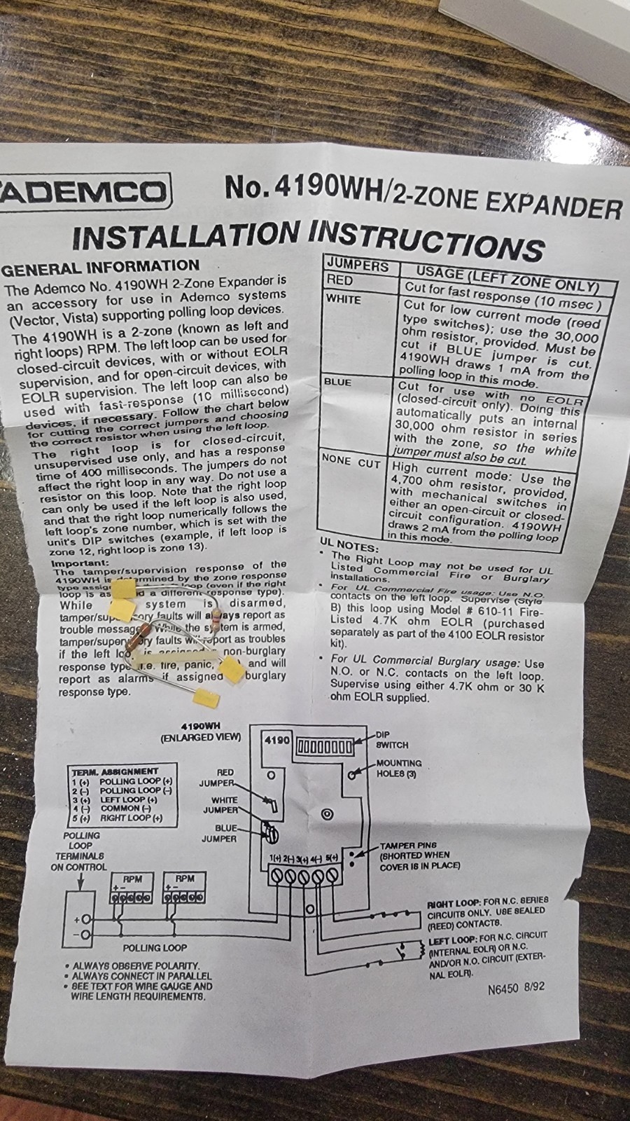 Ademco 4190WH 2-Zone Remote Point Module - Hard To Come By Dip Switch Module