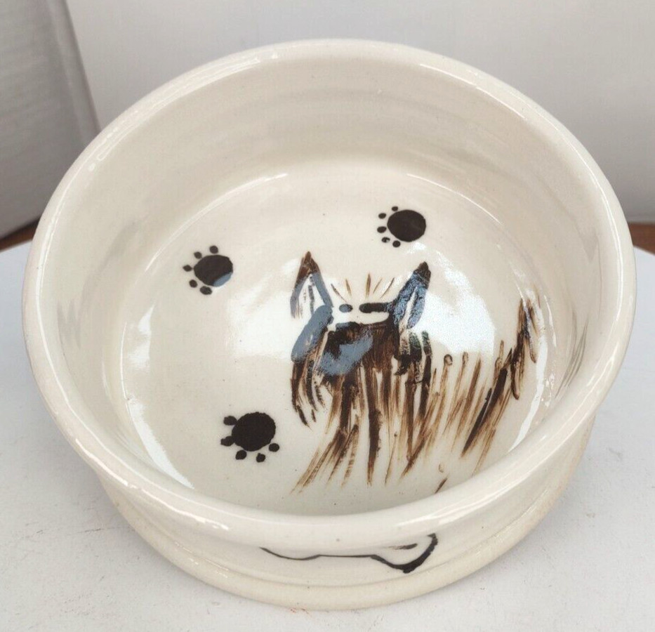 Dog 6"R x 2.5"D White Hand Paint Dog Bone & Dog Inside Food Water Pet Bowl