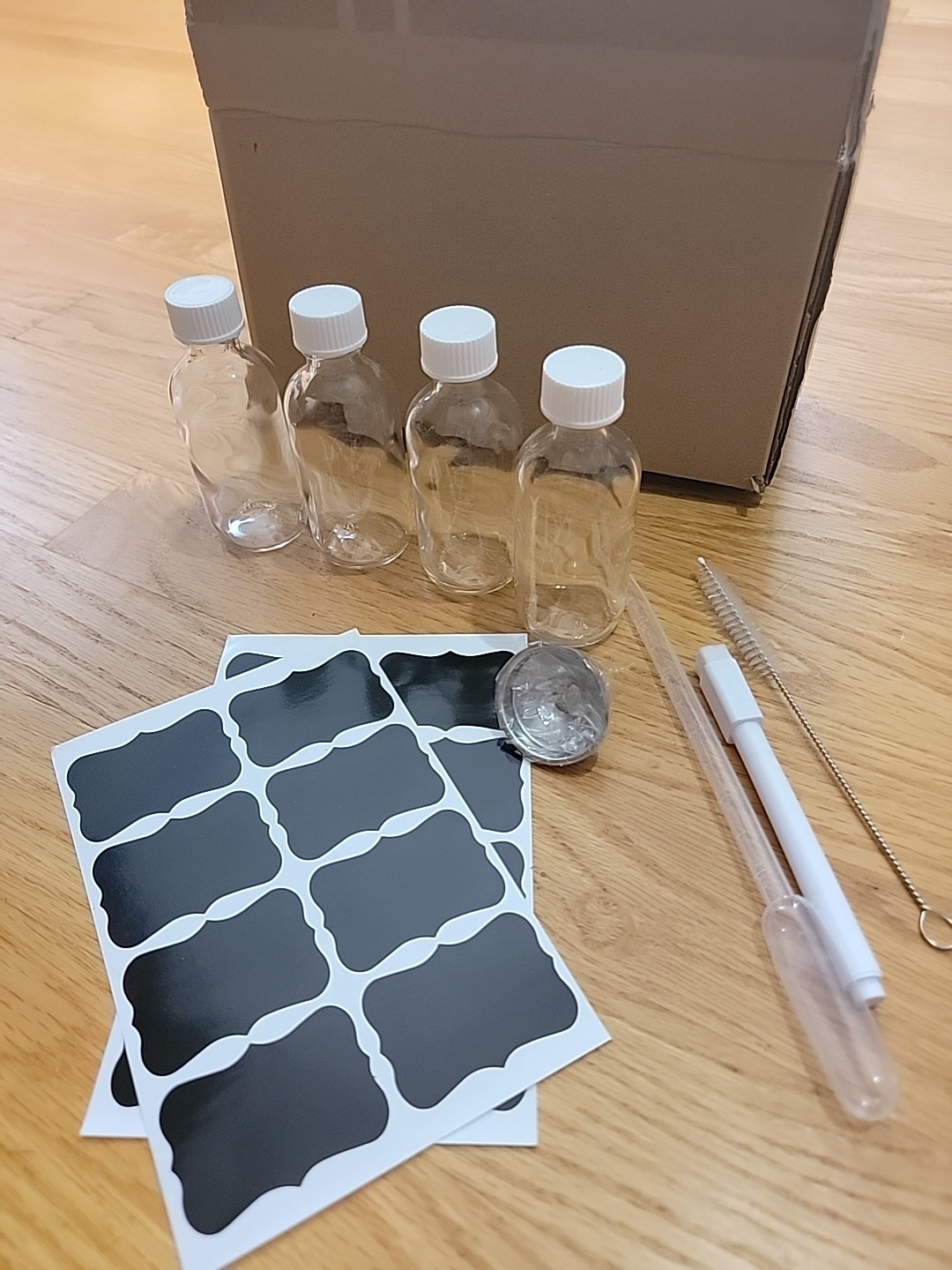 10 Pack Of 2oz Clear Glass Bottles With Labels, Pipette, Funnel, Cleaning Brush