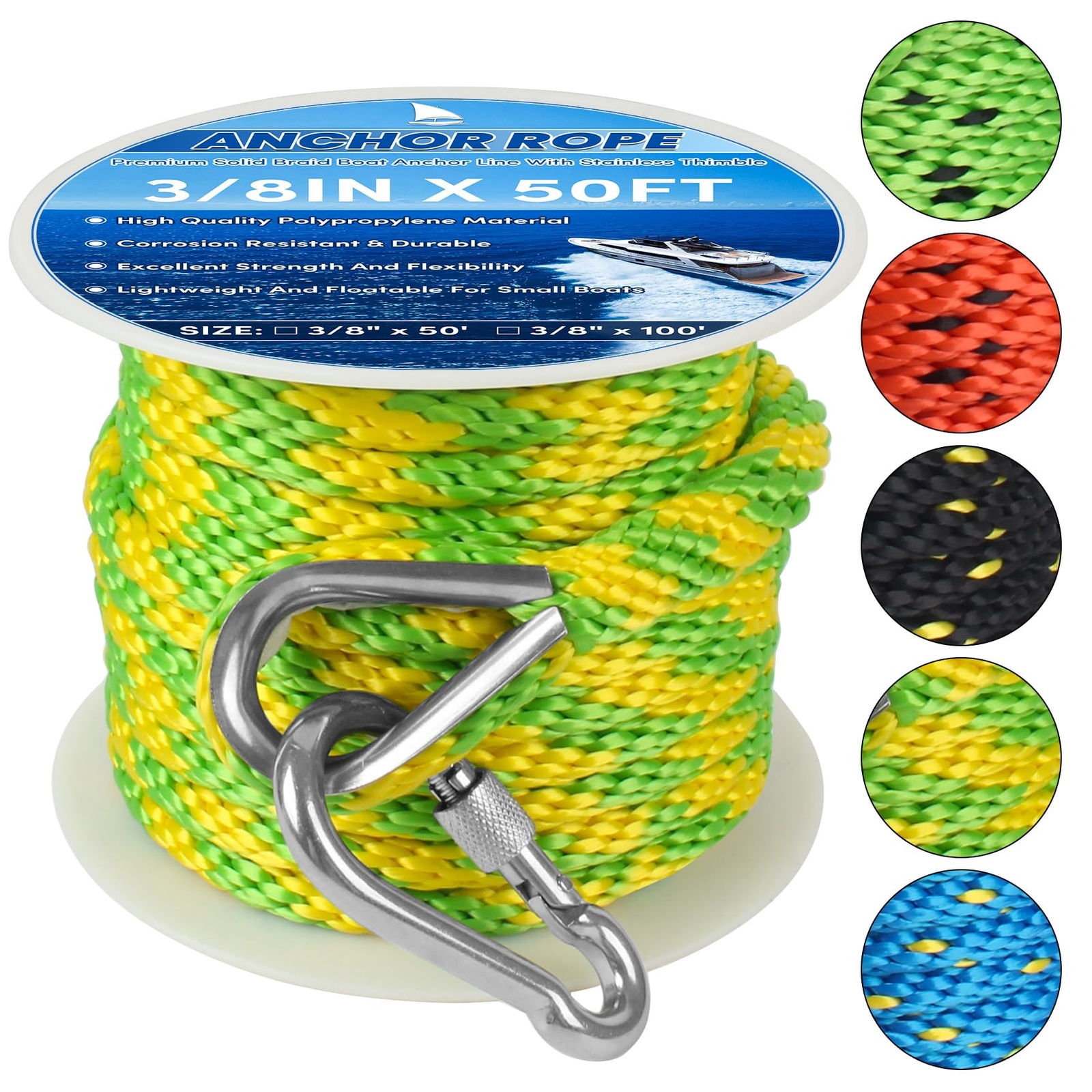 Anchor Rope 50FT x 3/8inPremium Solid MFP Braided Anchor Ropes Anchor Line wi...