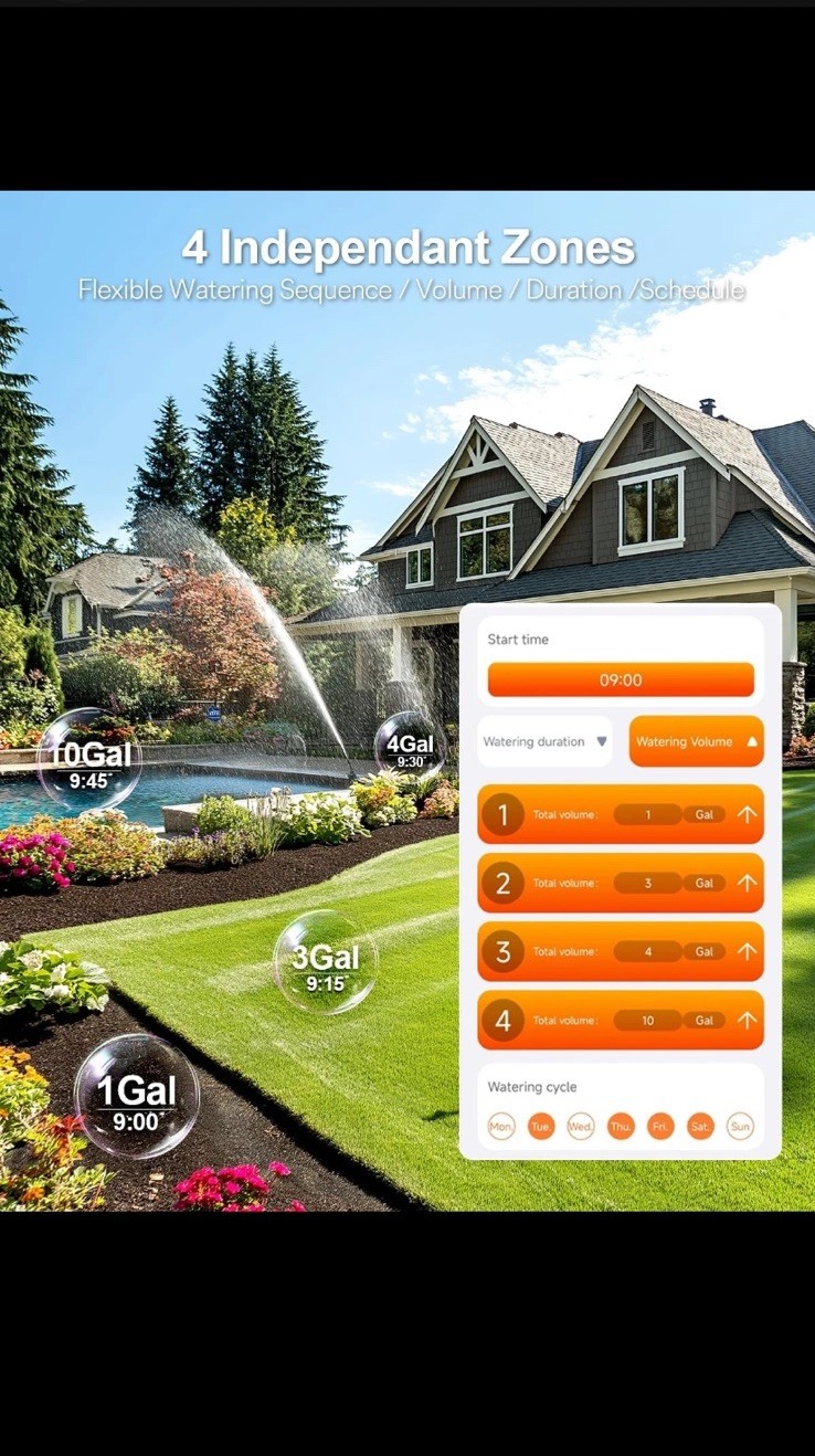Solar WiFi Sprinkler Timer 4 Zone w/Water Flow Meter, Smart Water Timer for G...