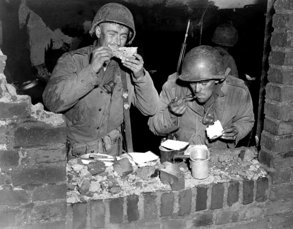 WWII B&W Photo US Soldiers Chow Time  WW2 World War Two US Army Europe /1069