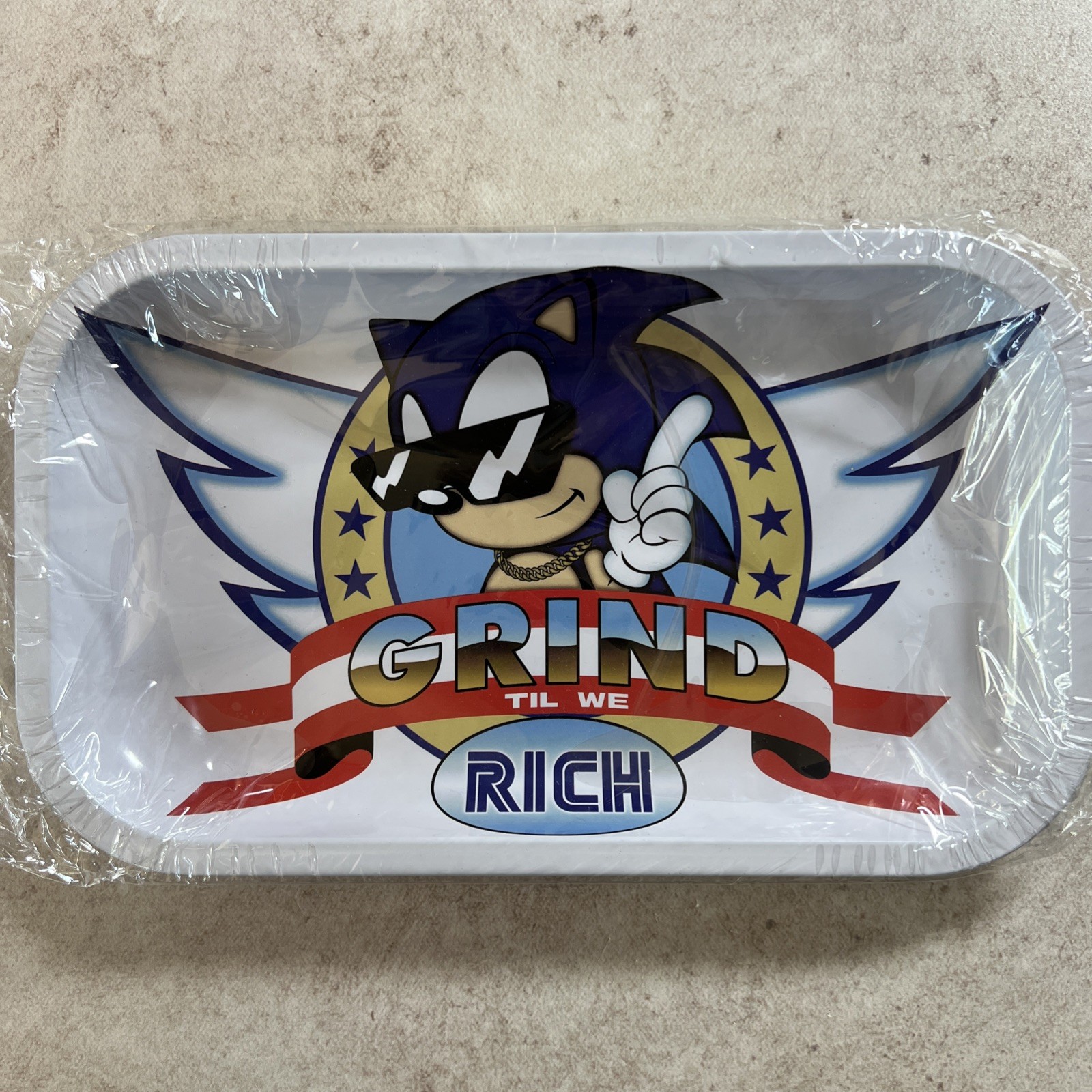 Grind Til We Rich Tobacco Blunt Rolling Tray. Blue Hedgehog 10.5”x6”. Collector