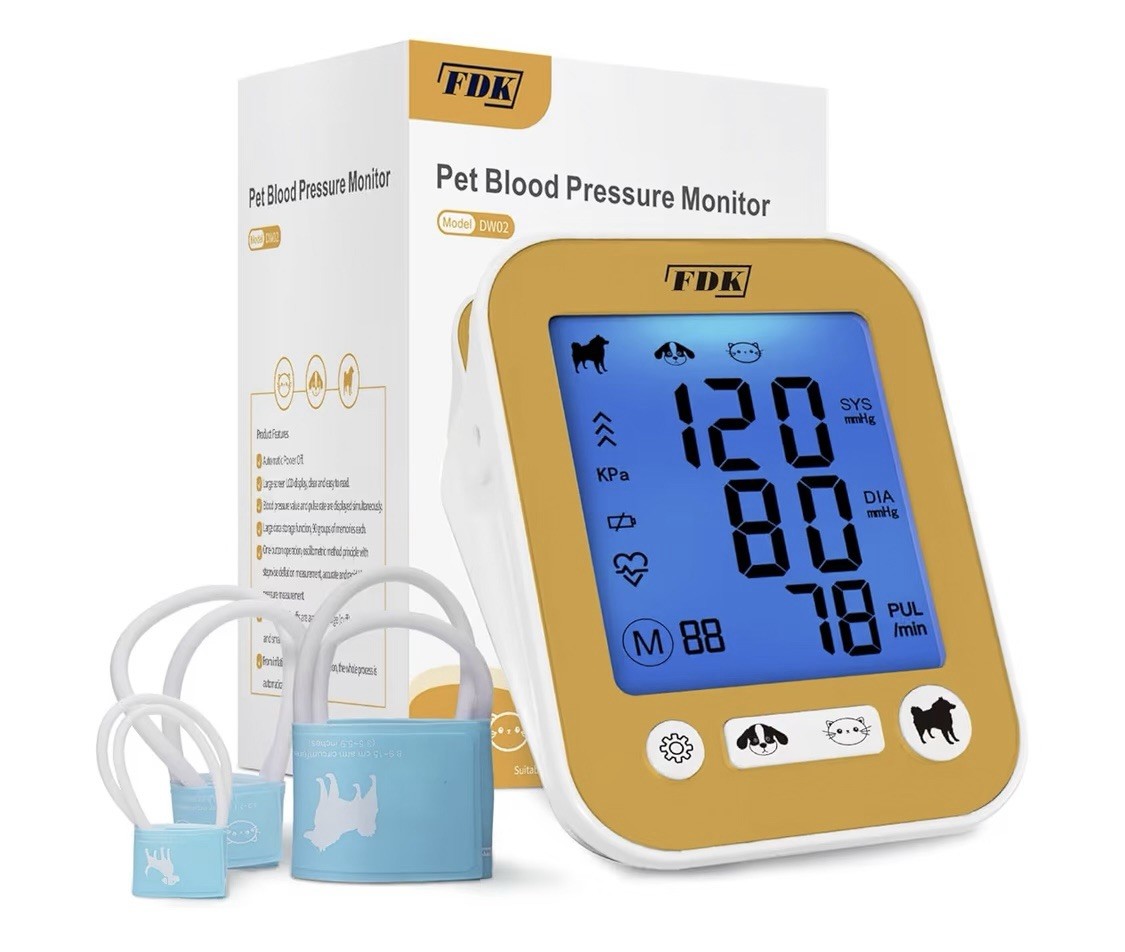 FDK DW02 Pet Blood Pressure Monitor for Dogs & Cats, 3 Cuffs, LCD, 270 Memories