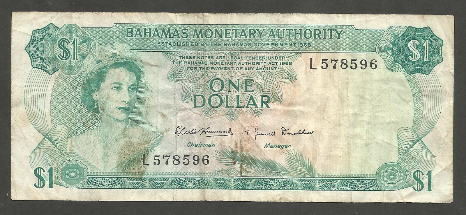 Bahamas 1 Dollar L.1968; VG+; P-27a; BNB-B202a; Coral and fish in sea garden