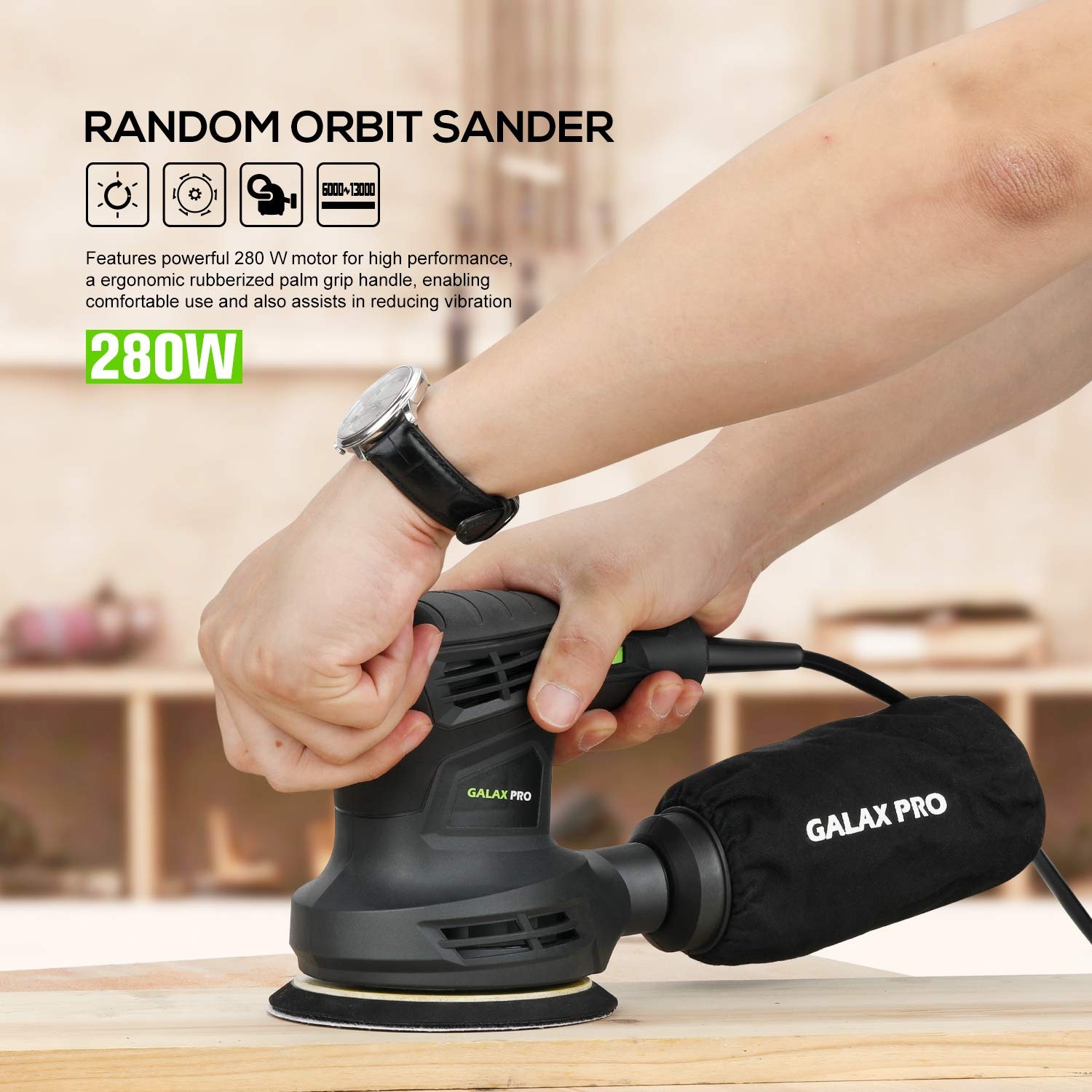 280W 13000OPM Max 6 Variable Speeds Orbital Sander with 15Pcs Sanding Discs, ...