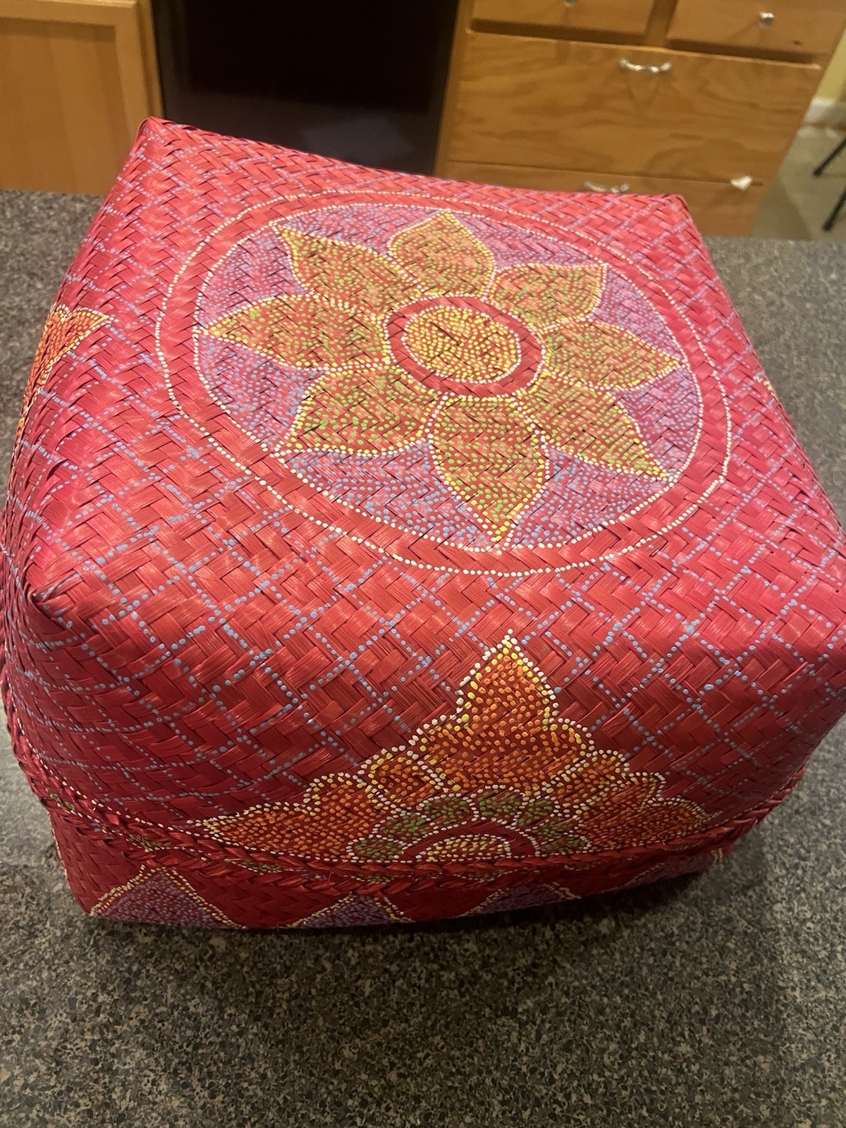Handcrafted Artistic Woven Basket with Lid – Vibrant Red Floral Design Pre Owned