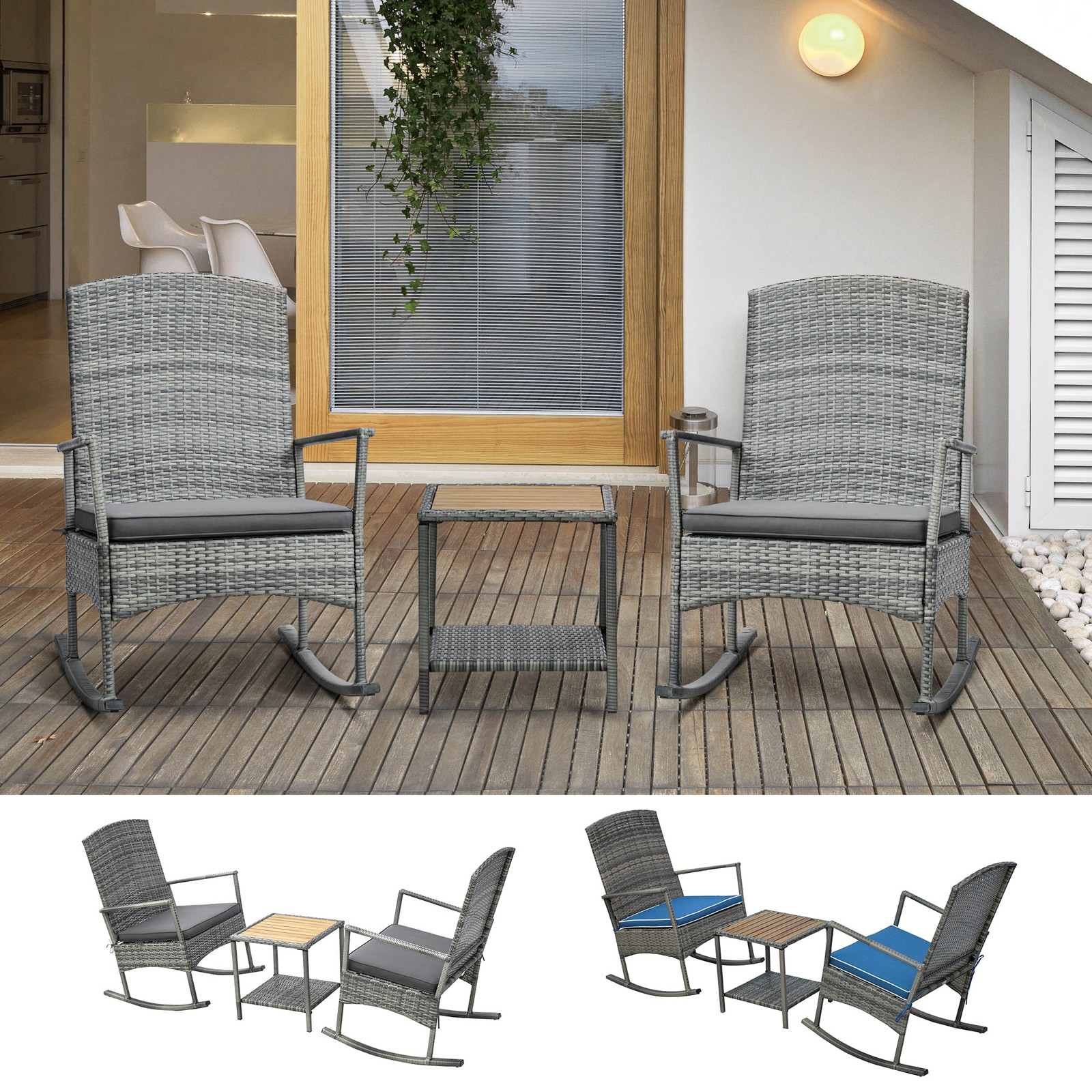 Outsunny 3 PCS Paito PE Rattan Recliner Rocker Chair w/ Soft Cushion for Garden