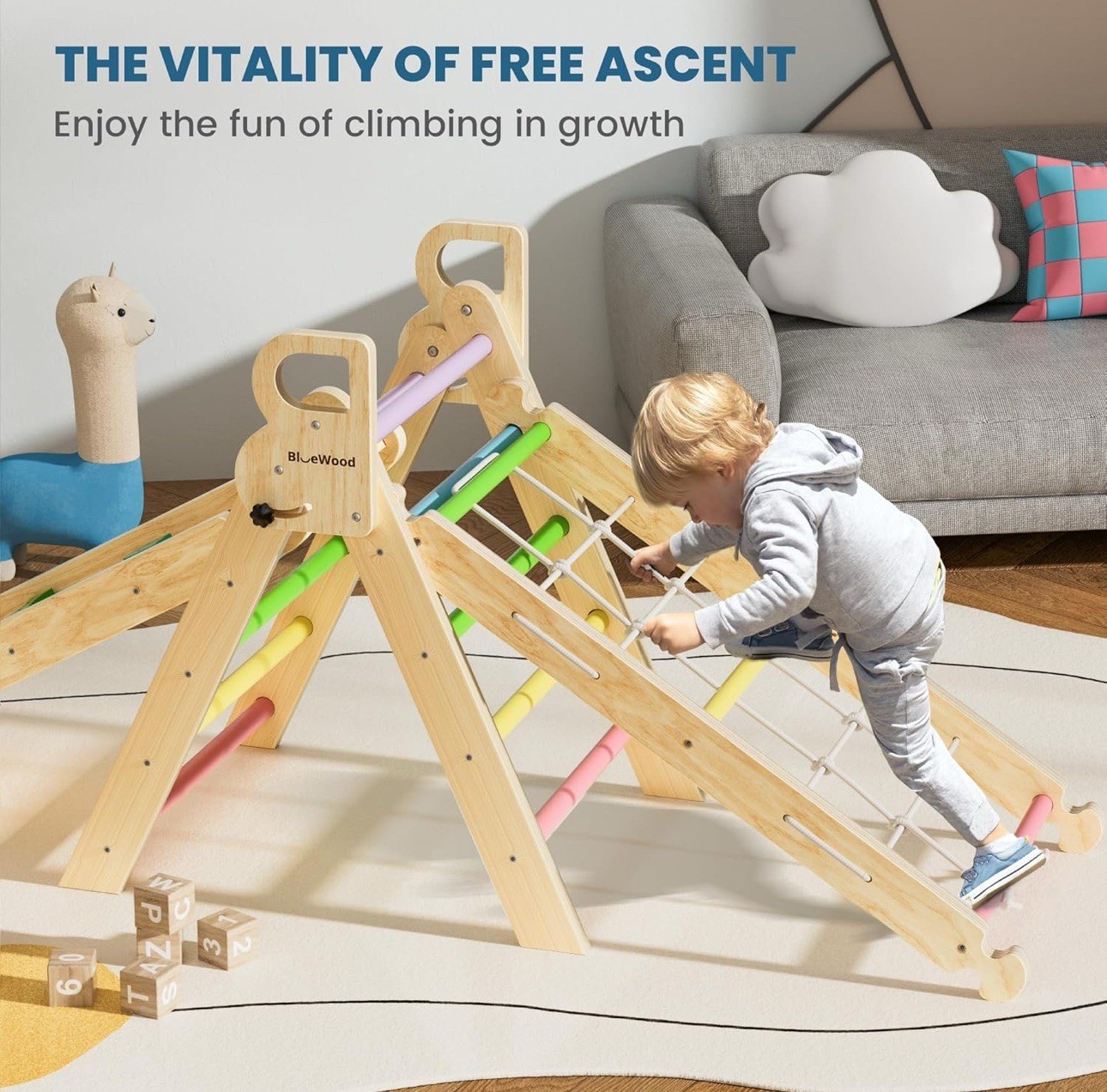 BlueWood 2024 8-in-1 Pikler Triangle Climbing Set Toddler Toys Indoor, Rainbow