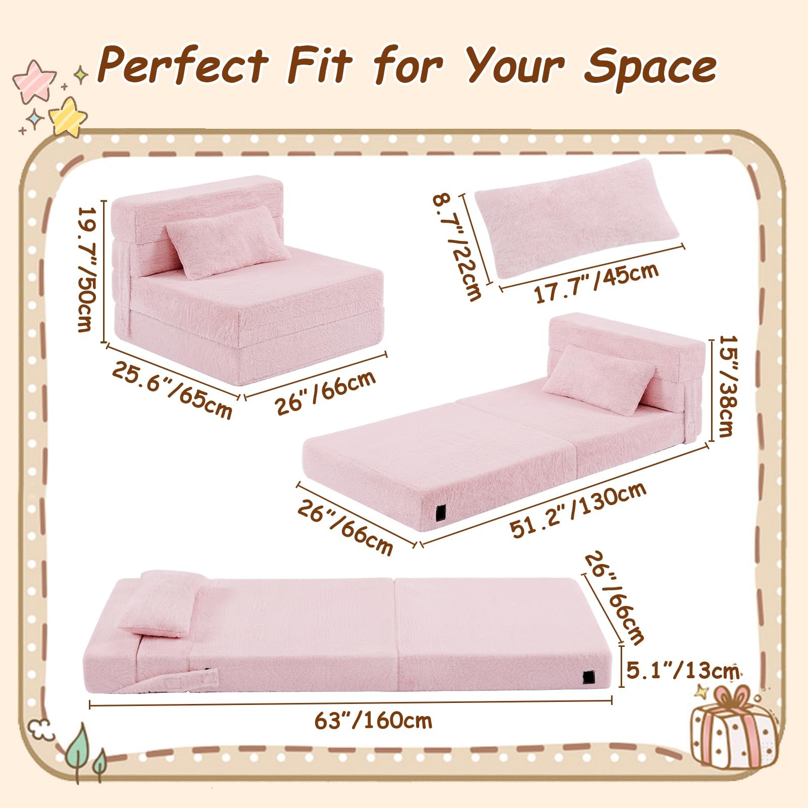Folding Sofa Bed Floor Mattress for with Pillow, Washable Folding Floor Nap M...