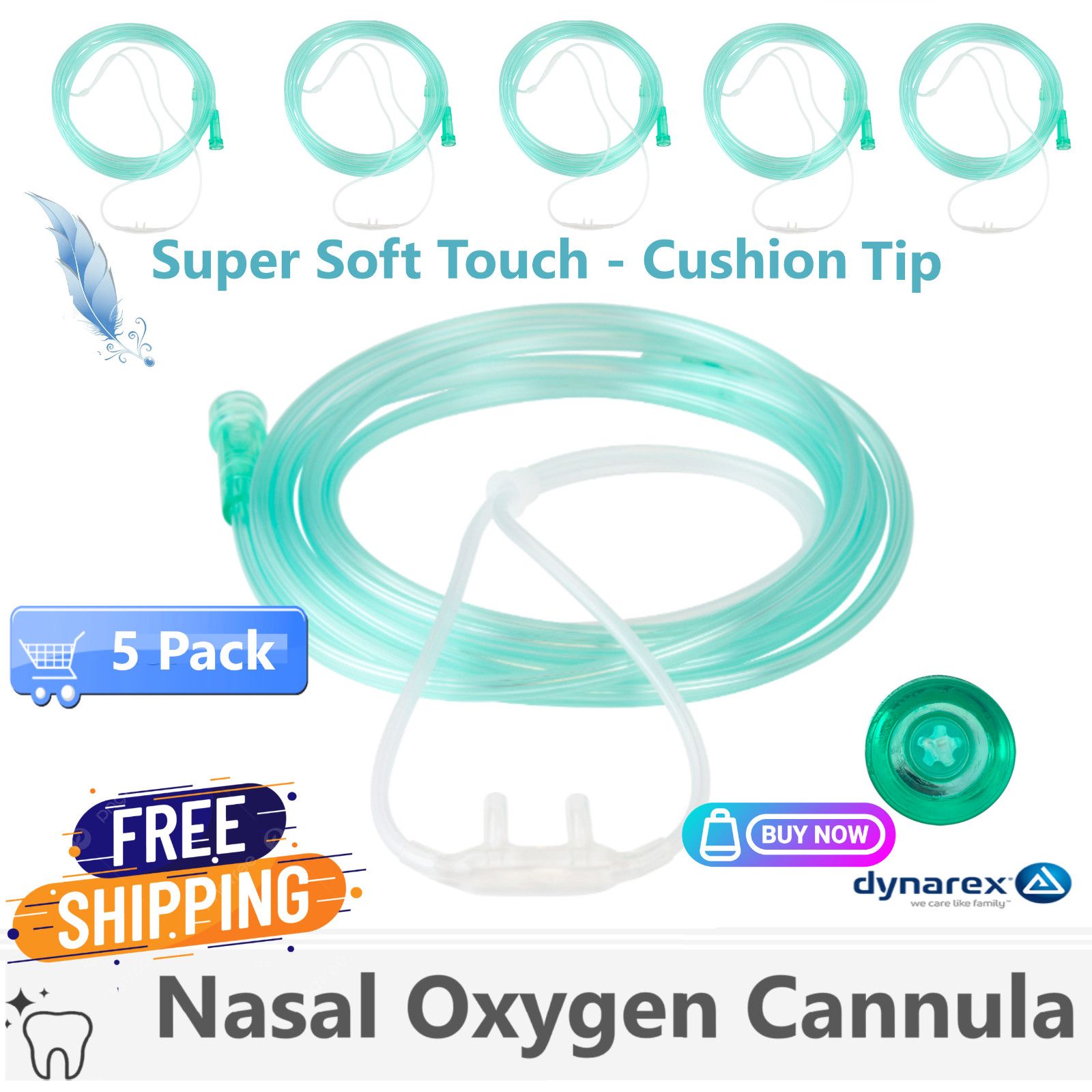 BOX OF 5 (Five) 7FT Adult Super Soft-Touch Cushion Tip Nasal Oxygen Cannulas