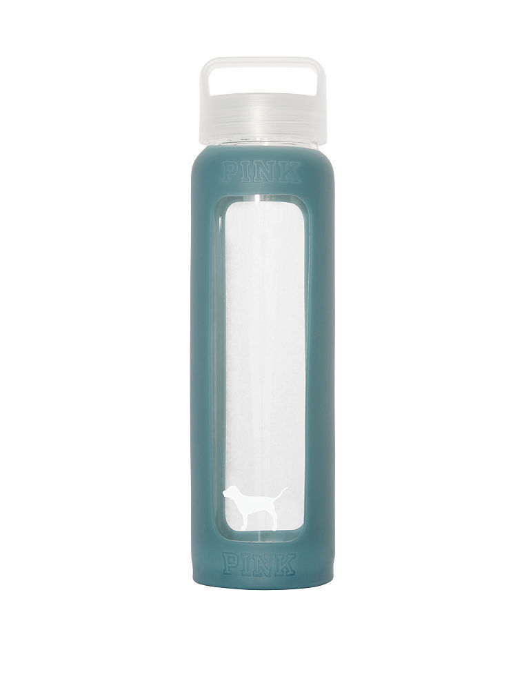 Victoria's Secret Pink Collegiate Glass Water Bottle Silicone Sleeve Grey Blue