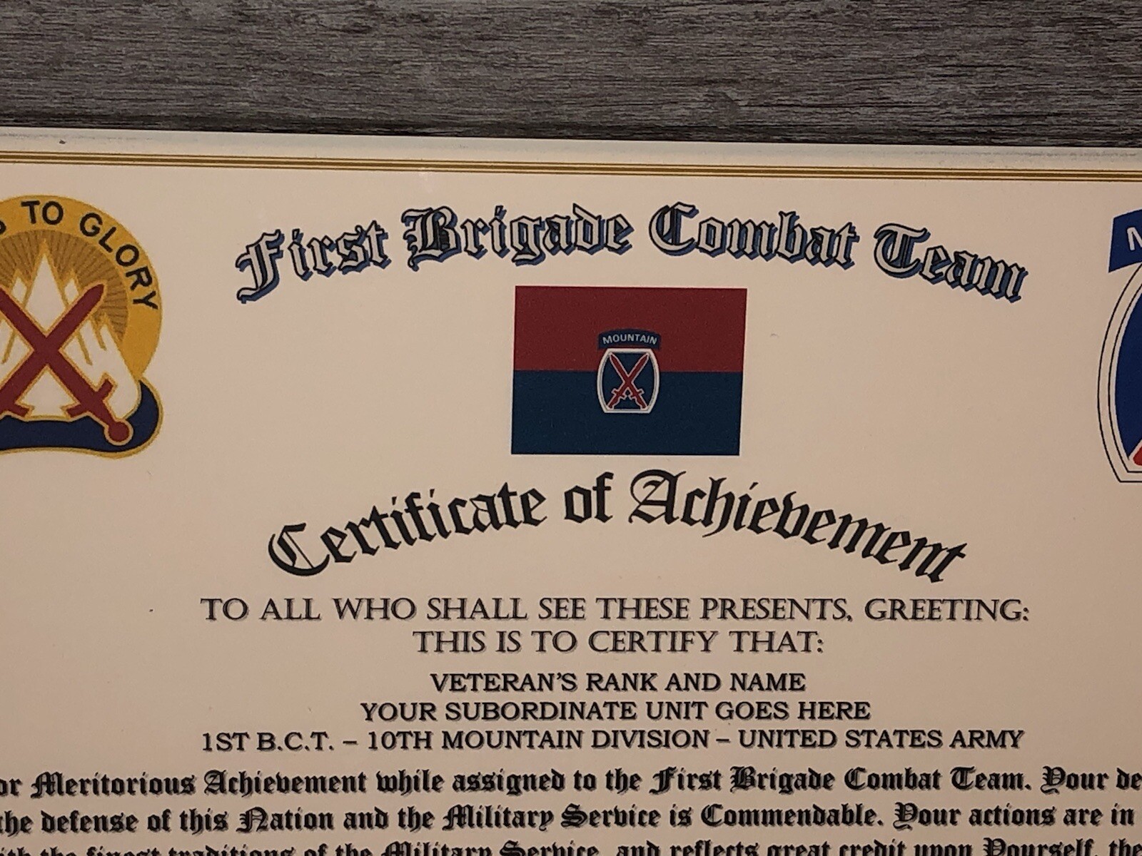 1ST B.C.T. / 10TH MOUNTAIN DIVISION - COA / (COMMEMORATIVE CERTIFICATE)