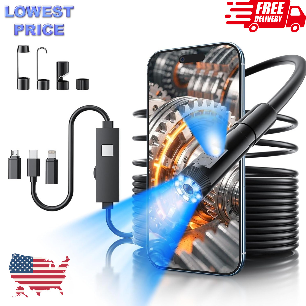 1920P HD Endoscope Camera w/ 8 LED Lights 16.4FT Waterproof Borescope for iPhone
