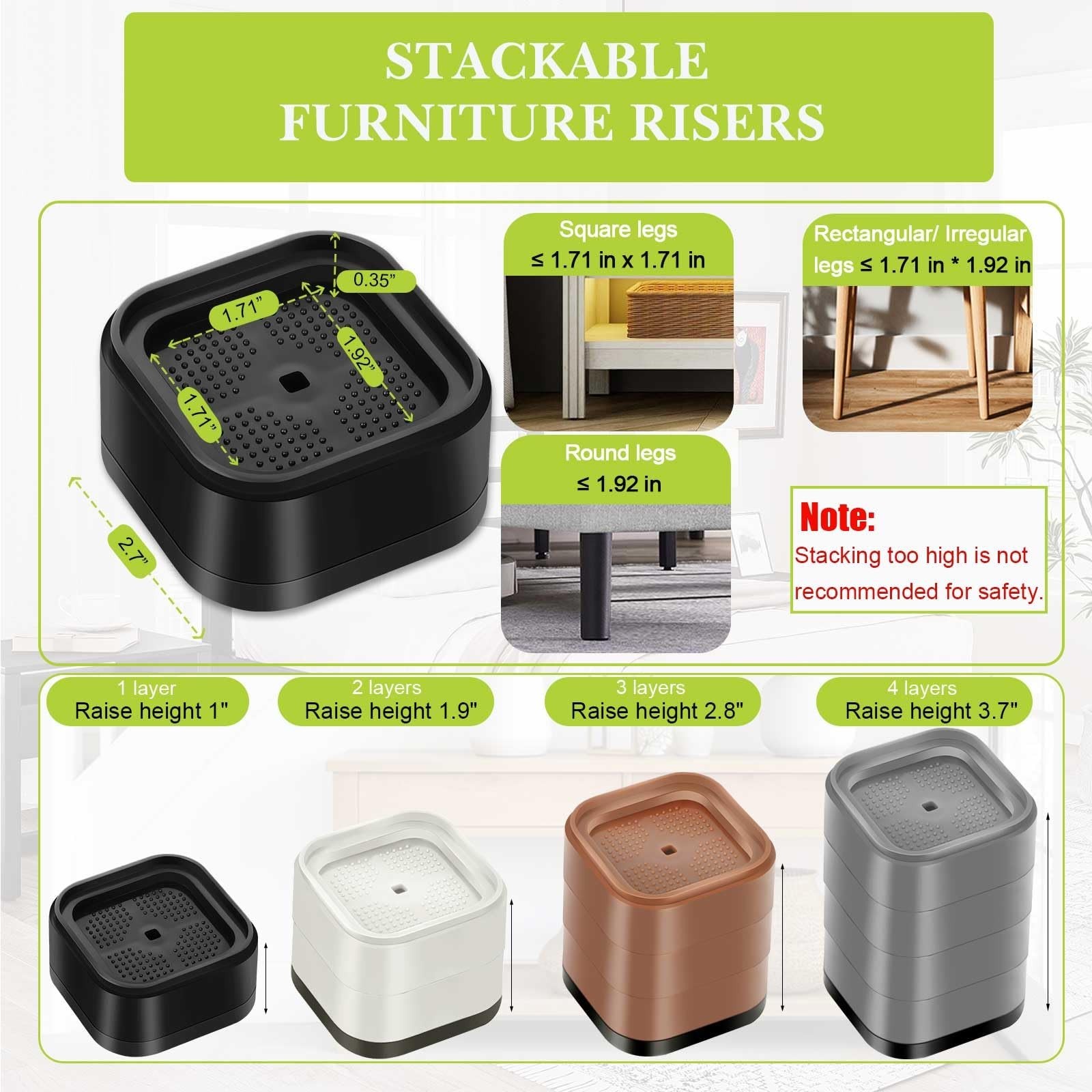 4 Pack Adjustable Furniture Risers - Heavy Duty Bed & Table Elevators, 3" Lift,