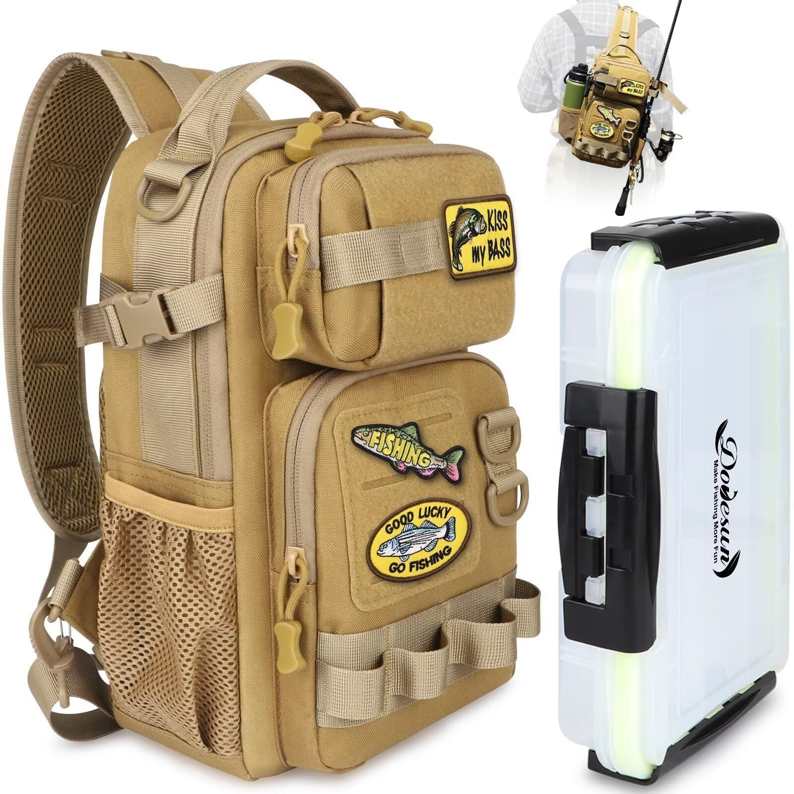 Dovesun Small Fishing Backpack with Tackle Boxes Fishing Sling Bag DIY Embroi...