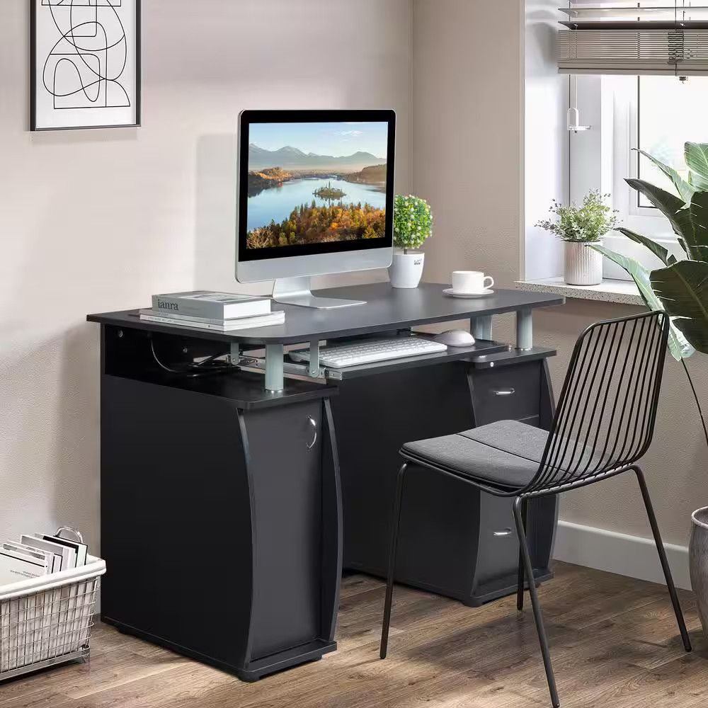 47.28 In. W Complete Workstation Black Computer Desk with Storage, 3-Drawers