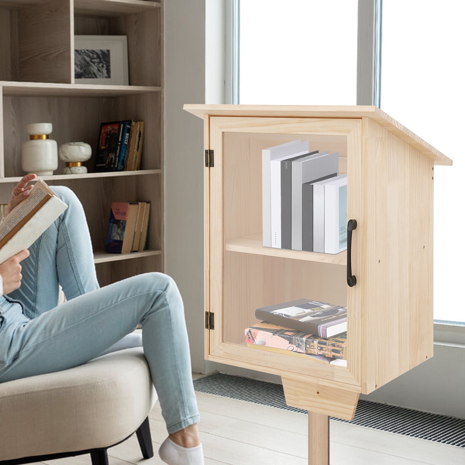 2 Tiers Book Storing Cabinet, Single-Door Wooden Bookcase, Newspapers Cabinet