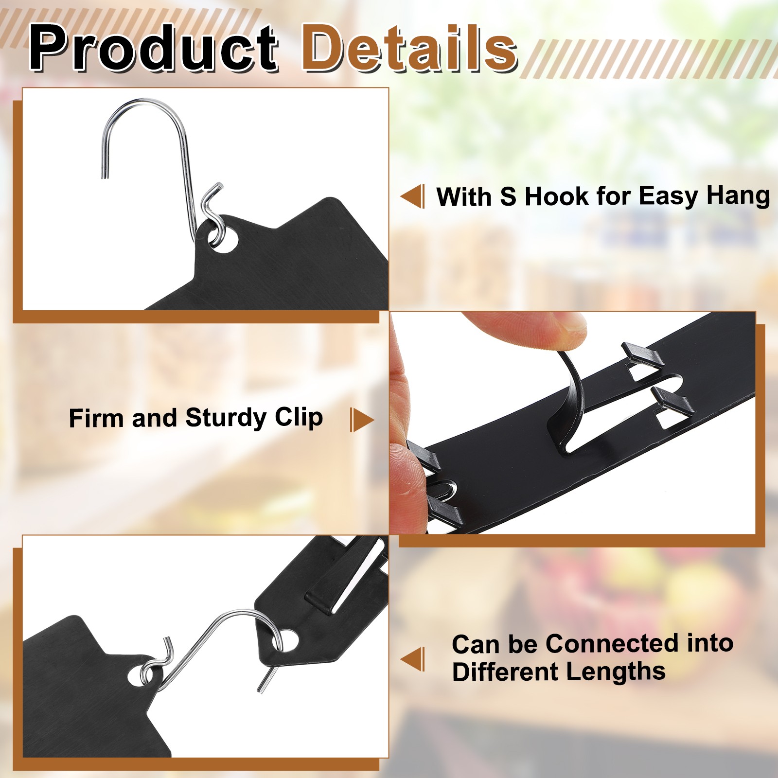 6Pcs Hanging Merchandise Strips with Hook, 24.61" Display Rack Stand, Black