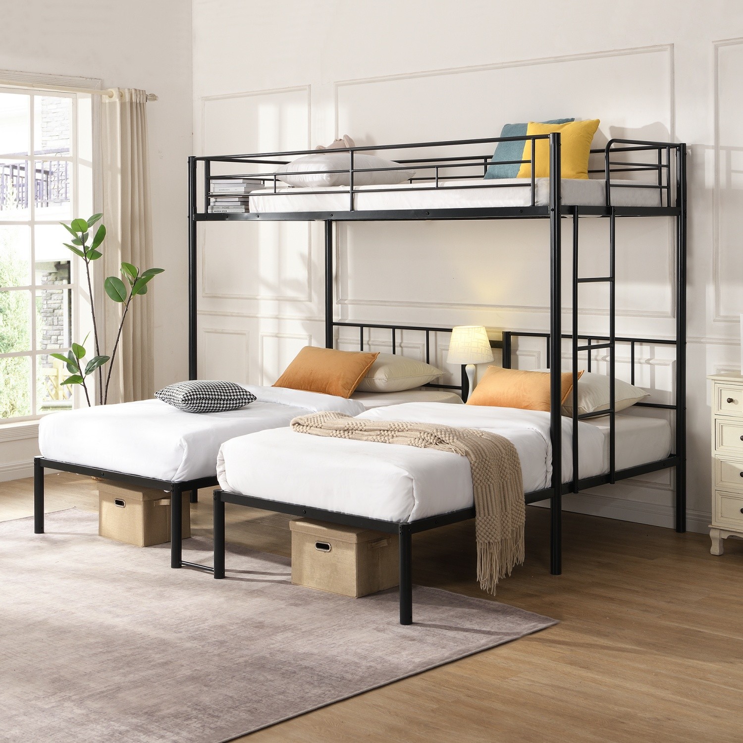 Triple Bunk Bed Twin Over Twin Over Twin Size Metal Bed Frame w/ Ladder Black