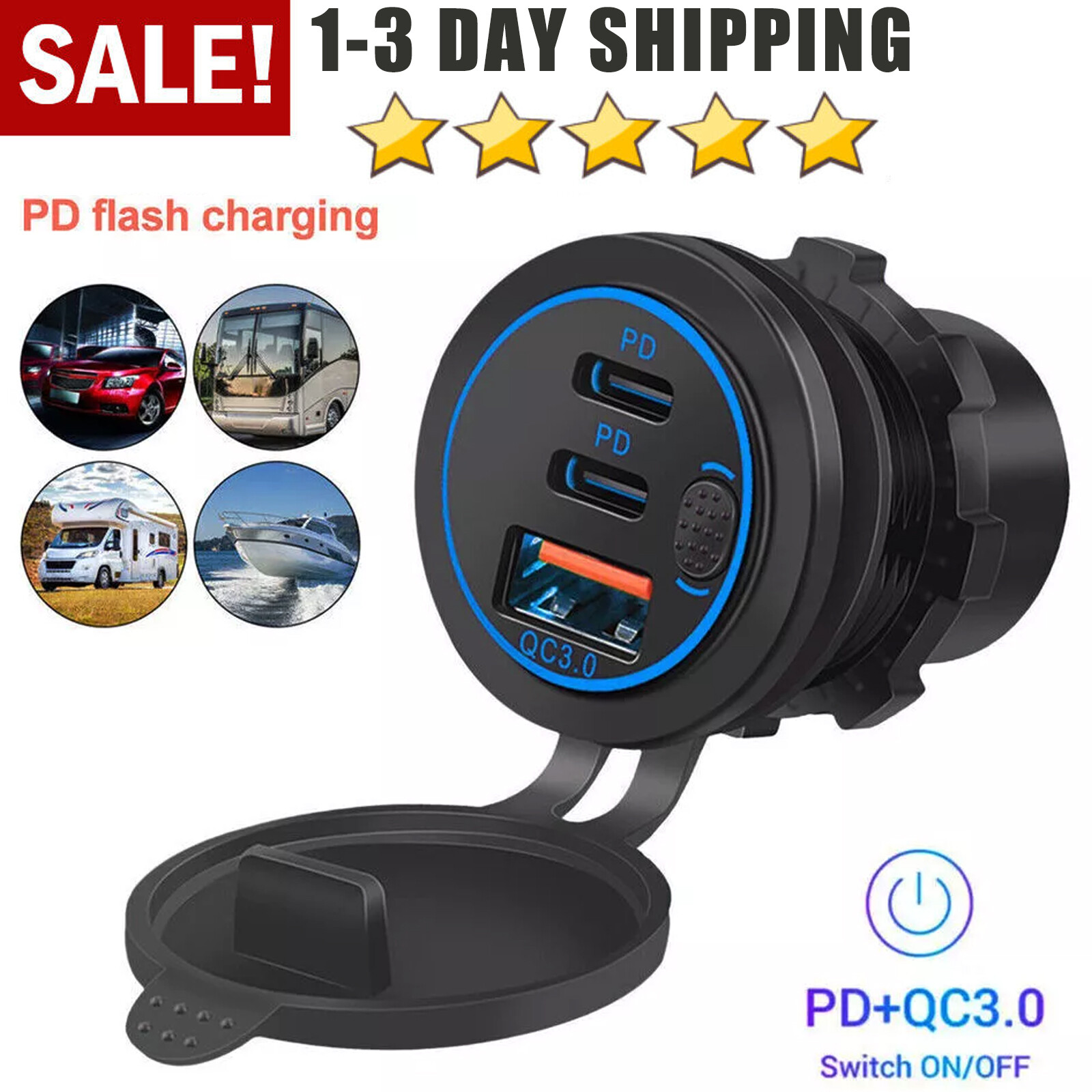 12-24V USB C 3 Port Fast Car Charger PD & QC3.0 Outlet Socket for Boat RV Marine