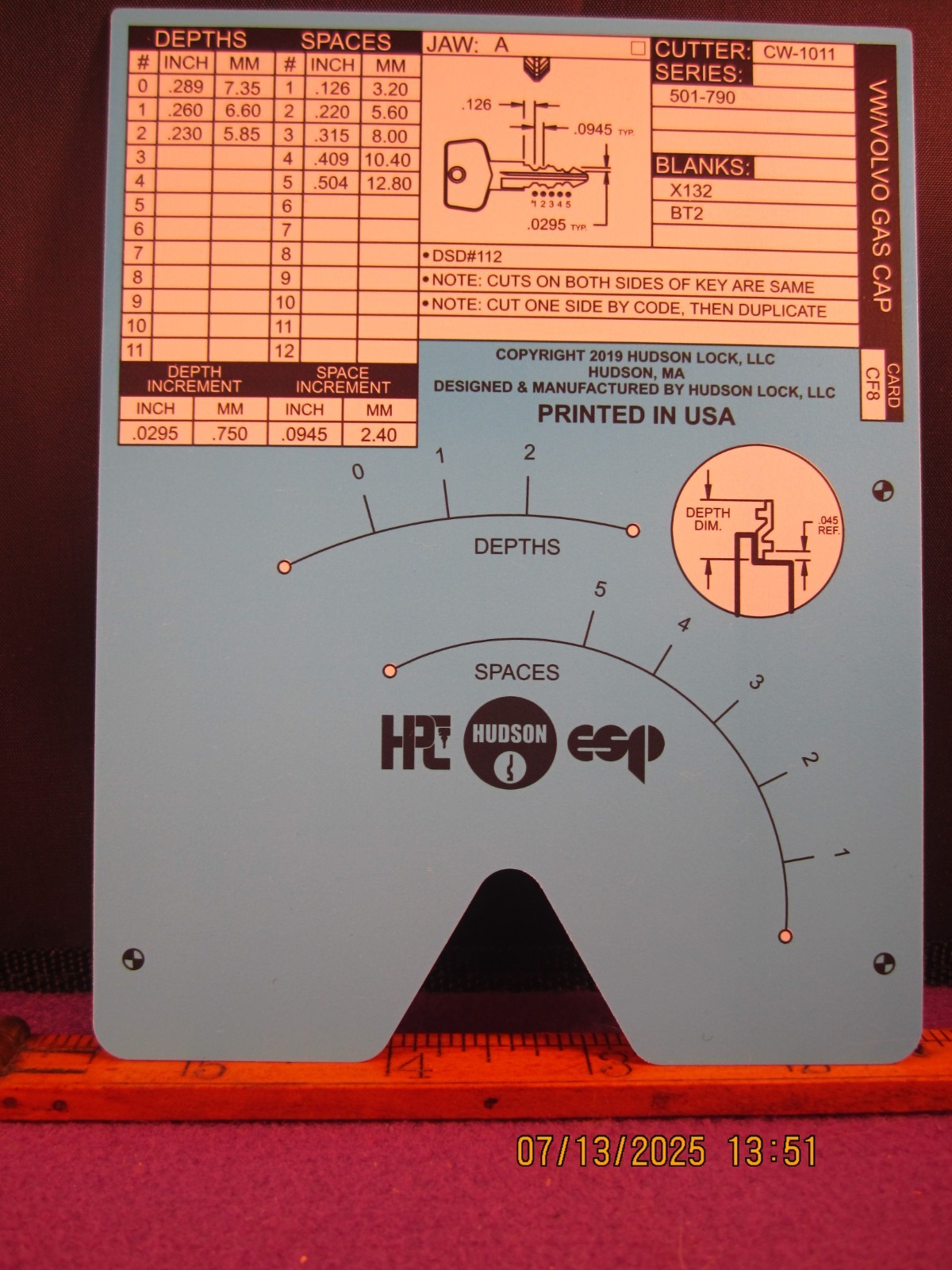 HPC 1200 BLITZ KEY CODE CARD CF 8  ( VW VOLVO GAS CAP ) BRAND NEW