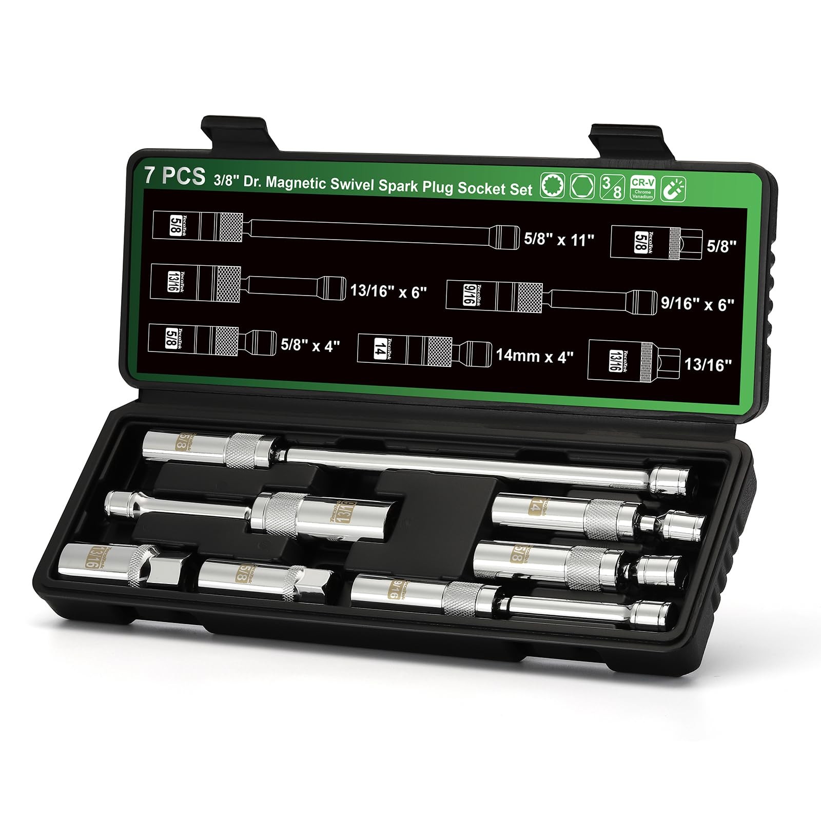 TecoTek 7 Piece 3/8-Inch Drive Magnetic Swivel Spark Plug Socket Set, Include...