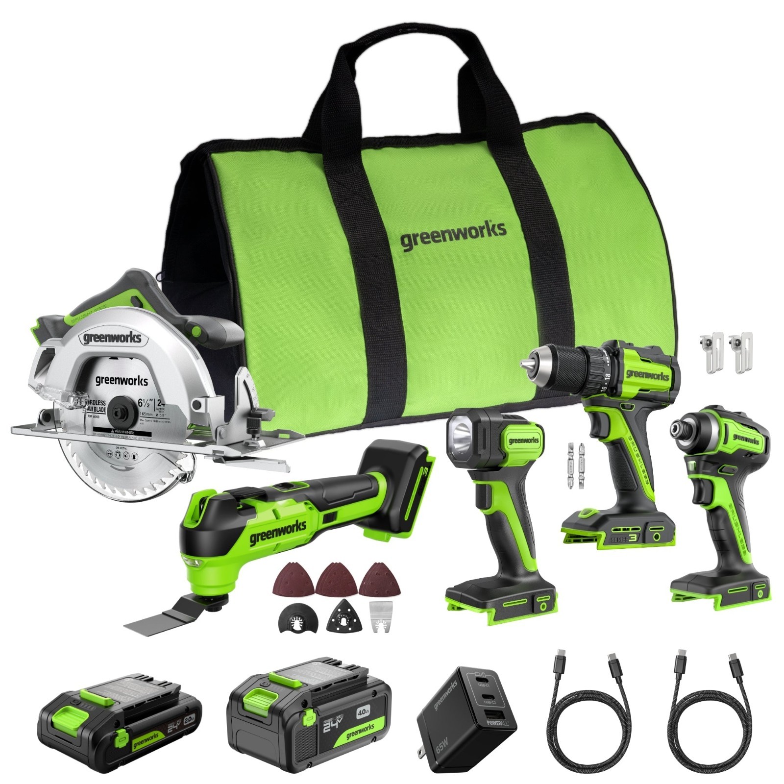 Greenworks 24V 5 Power Tools Combo Kit w/ 4Ah+2Ah Battery and 65W USB-C Charger