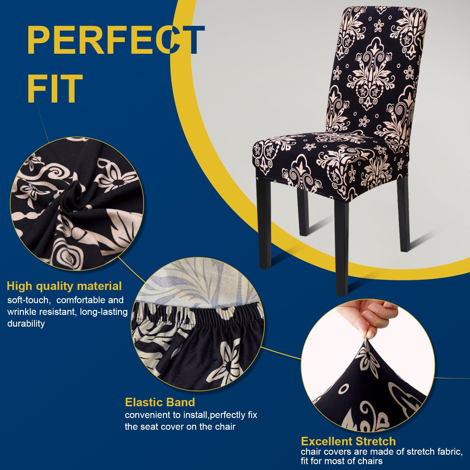 Fafua Chair Covers, Stretch Kitchen Covers/Dining Black Flower