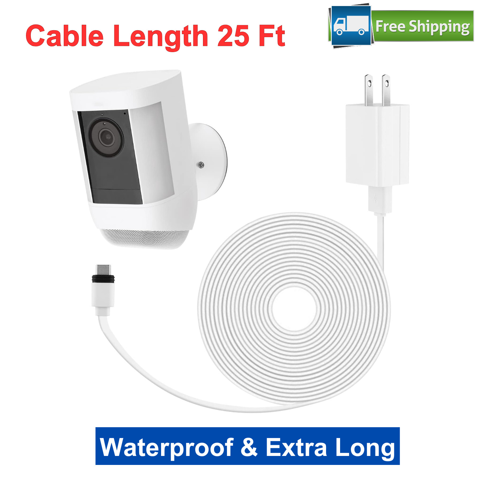 Power Adapter For Ring Spotlight Cam Plus/Pro Battery 25ft/7.5m Flat Waterproof