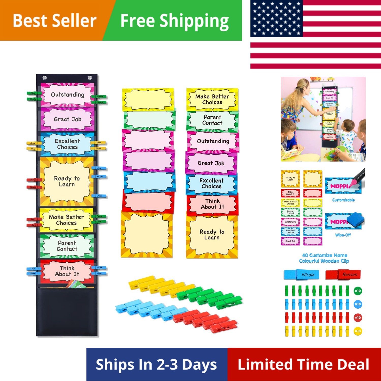 Student Behavior Clip Chart for Classroom Management Kids Reward Pocket Chart...