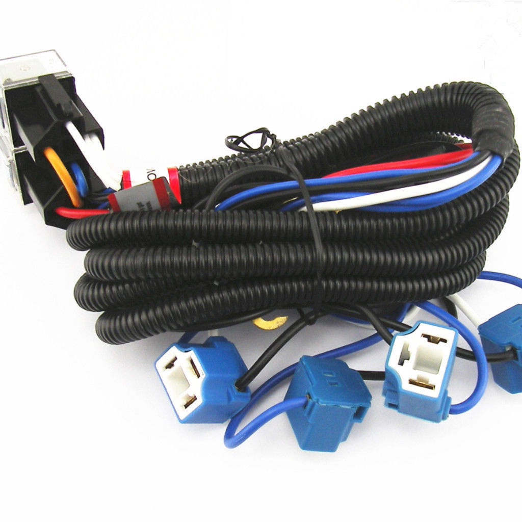 4-Headlight Relay Wiring Harness H4 Headlamp Light Bulb Ceramic Socket Plugs Set