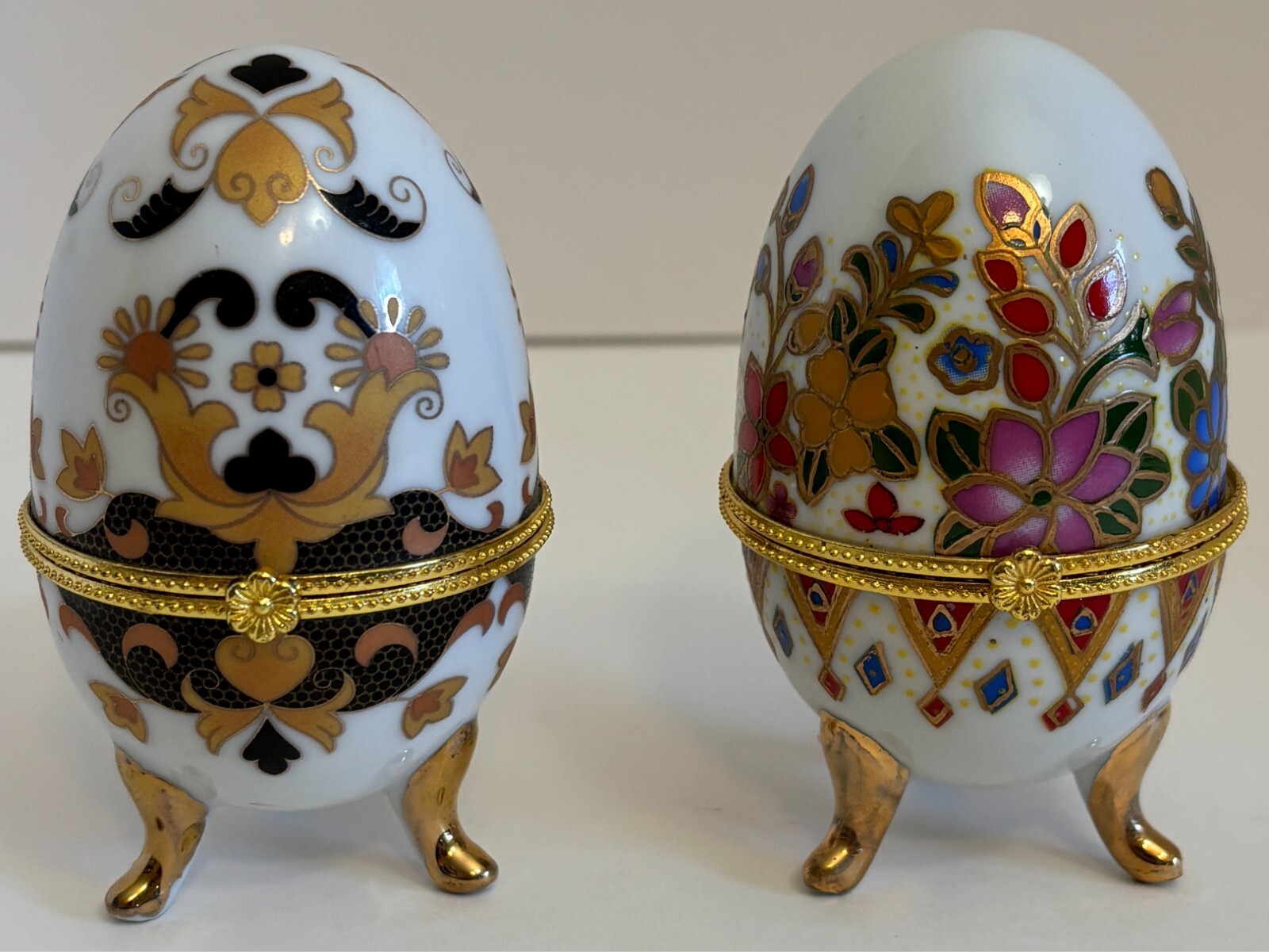 Set of 2 Cloisonne Floral on Porcelain Egg Hinged Gold Trim Trinket Box