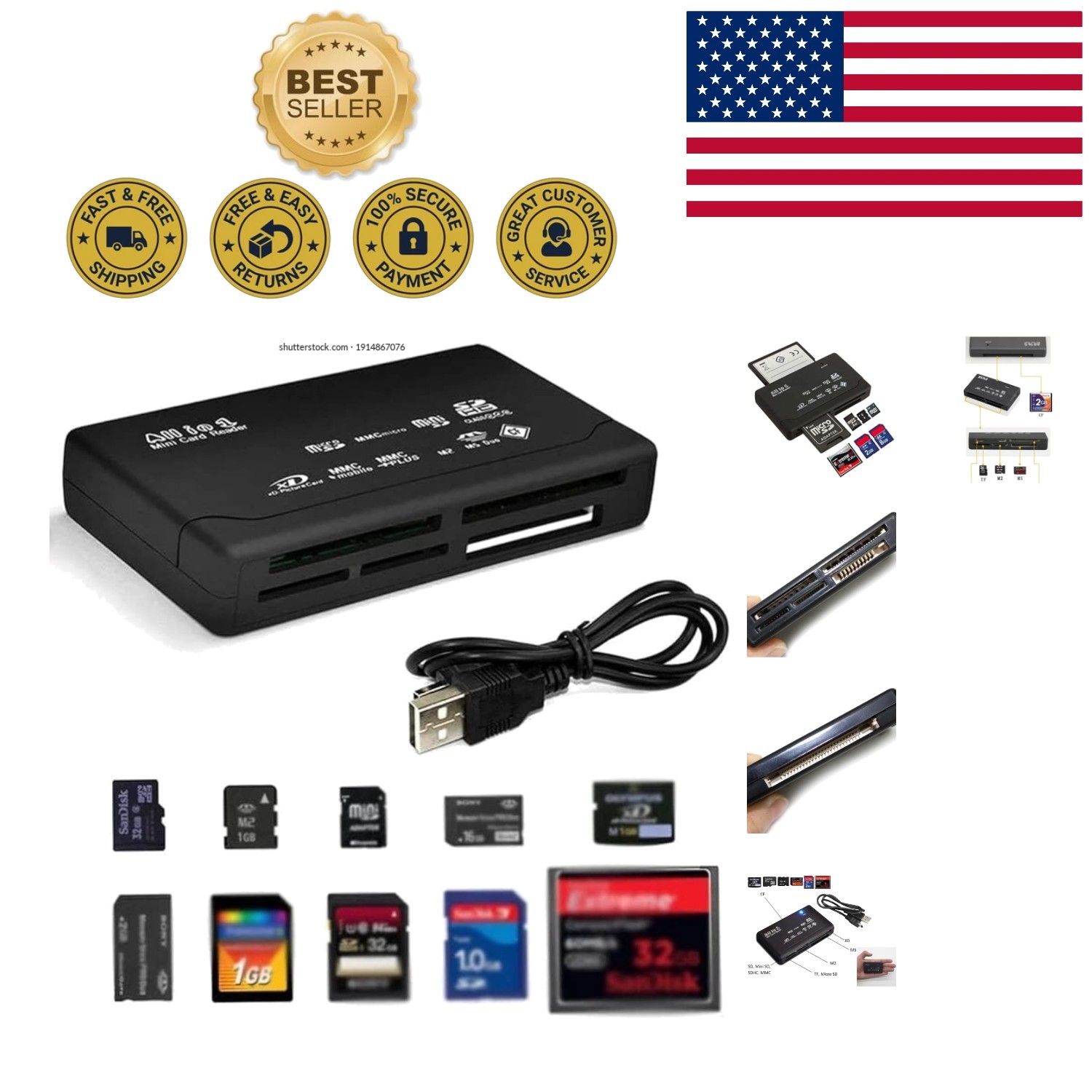 Versatile USB Memory Card Reader with 6 Slots - Black, Compact Design