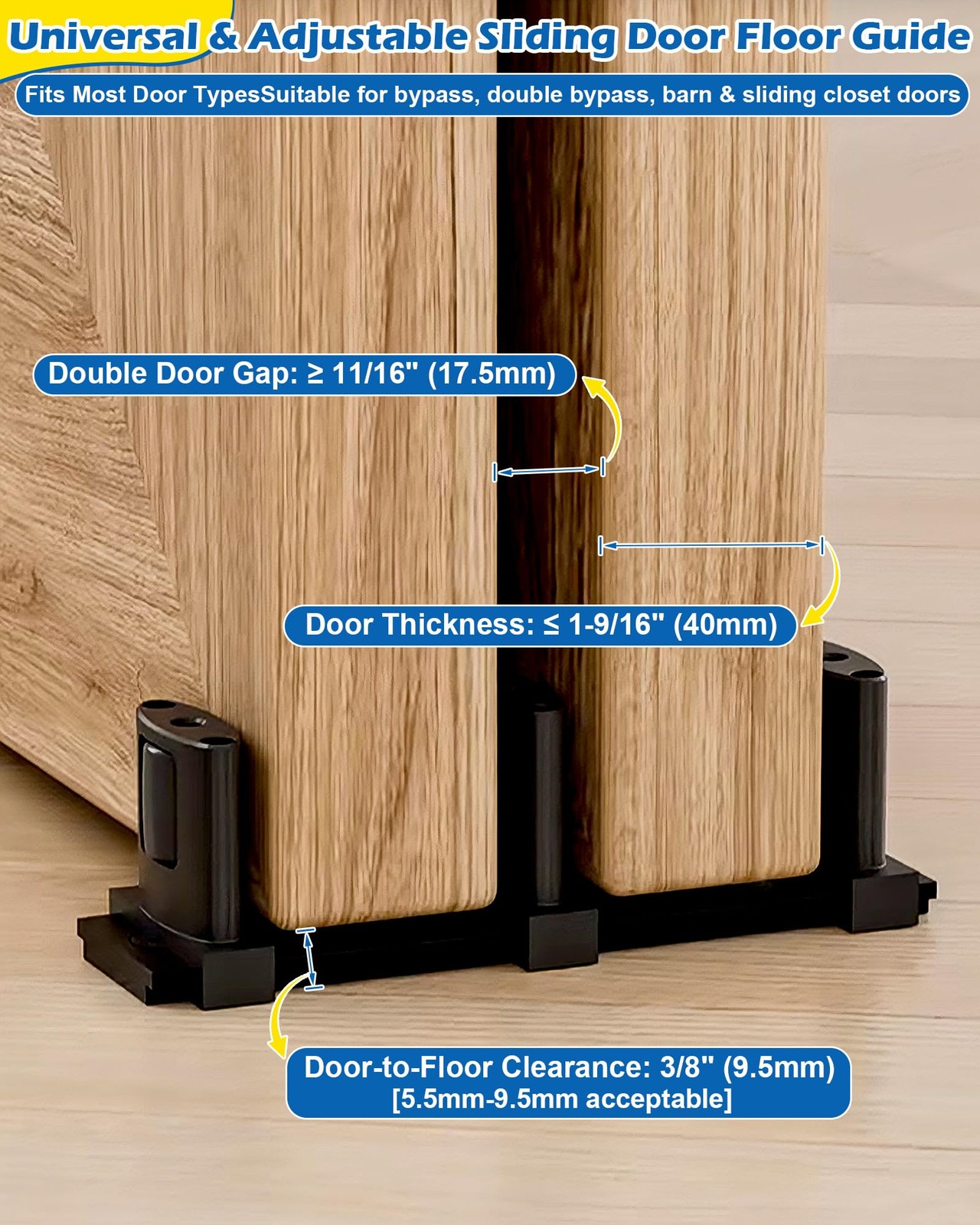 3-Roller Adjustable Sliding Closet Door Floor Guide - 2 Pack, Black