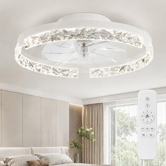 Garvee 20In Fandelier Crystal Ceiling Fan with Light Remote 6 Speed Quiet White