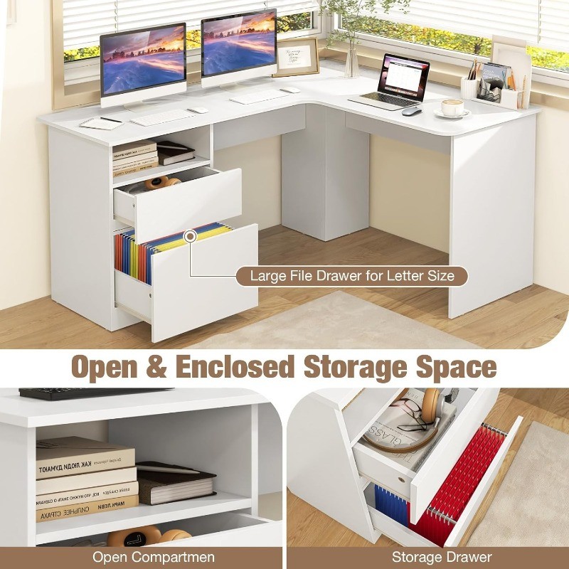 L-Shaped Desk with 2 Storage Drawers 59” Corner Computer Desk with File Drawer