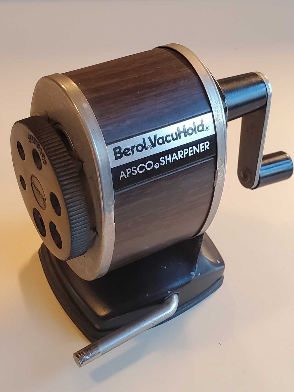 Vintage Apsco VacuHold Portable Pencil Sharpener Wood Grain & Chrome Model V-10